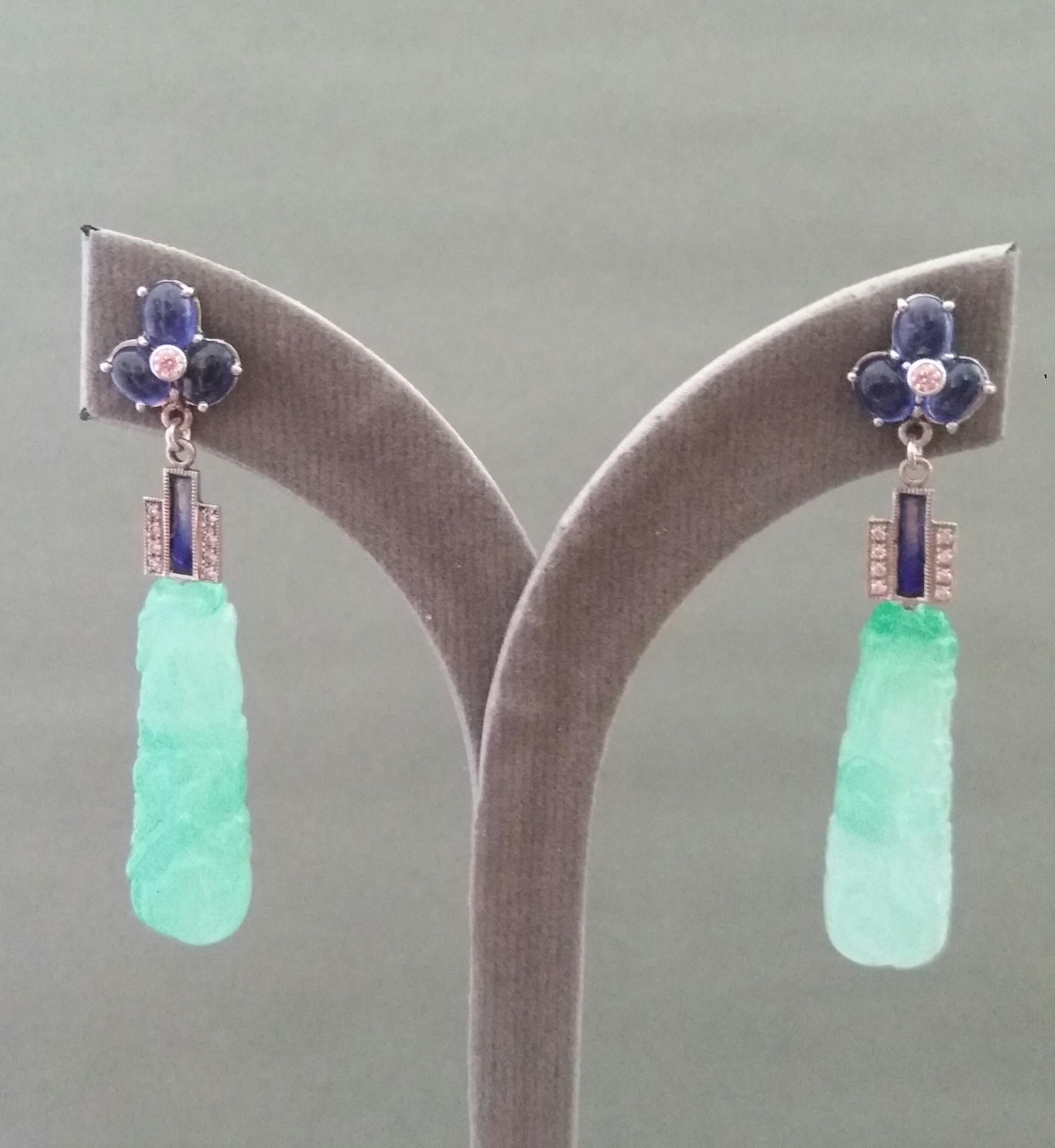 Art Deco Style Jade Blue Sapphires Gold Blue Enamel Diamonds Dangle Earrings For Sale 6