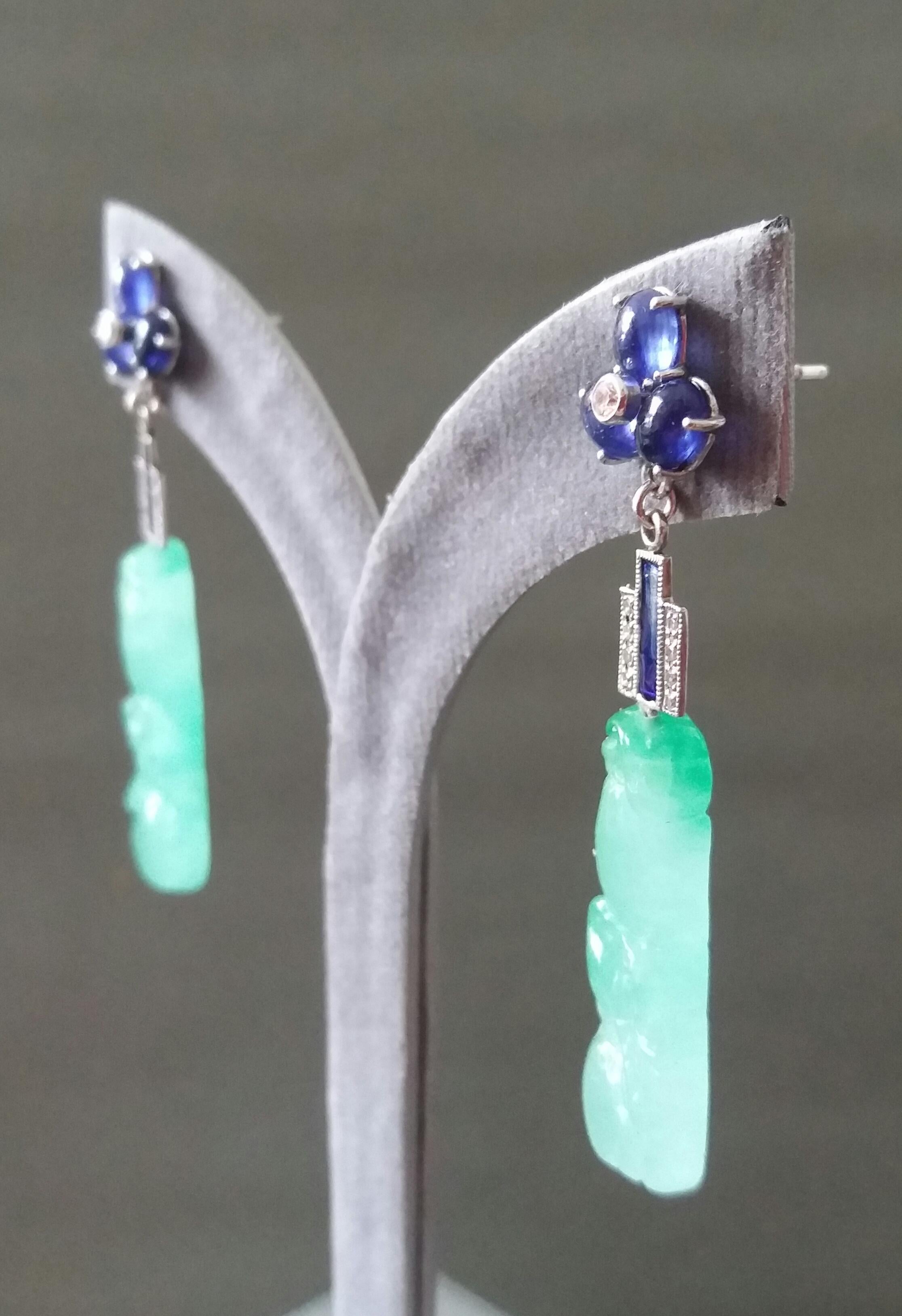 Art Deco Style Jade Blue Sapphires Gold Blue Enamel Diamonds Dangle Earrings For Sale 7