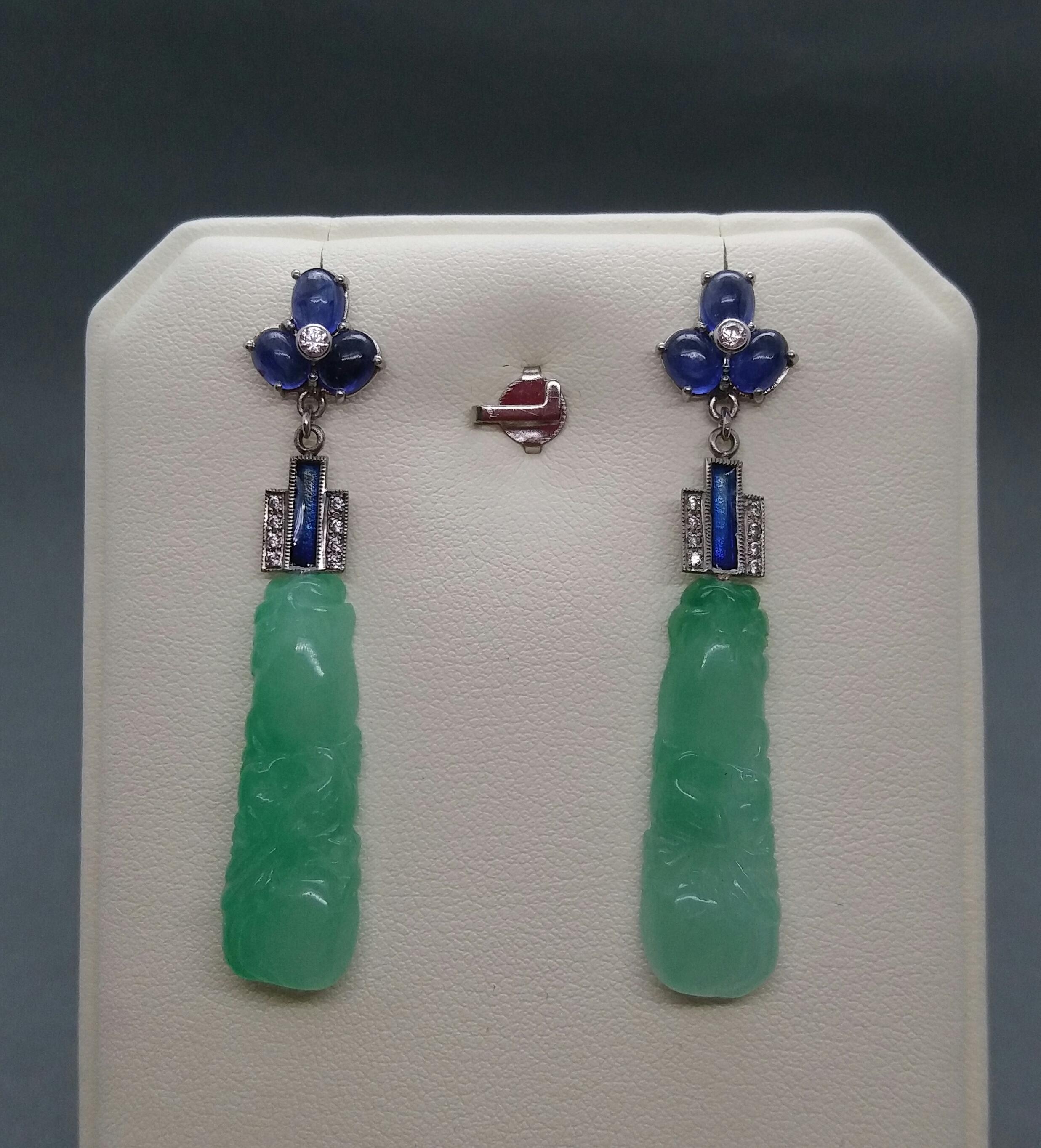 Art Deco Style Jade Blue Sapphires Gold Blue Enamel Diamonds Dangle Earrings For Sale 8