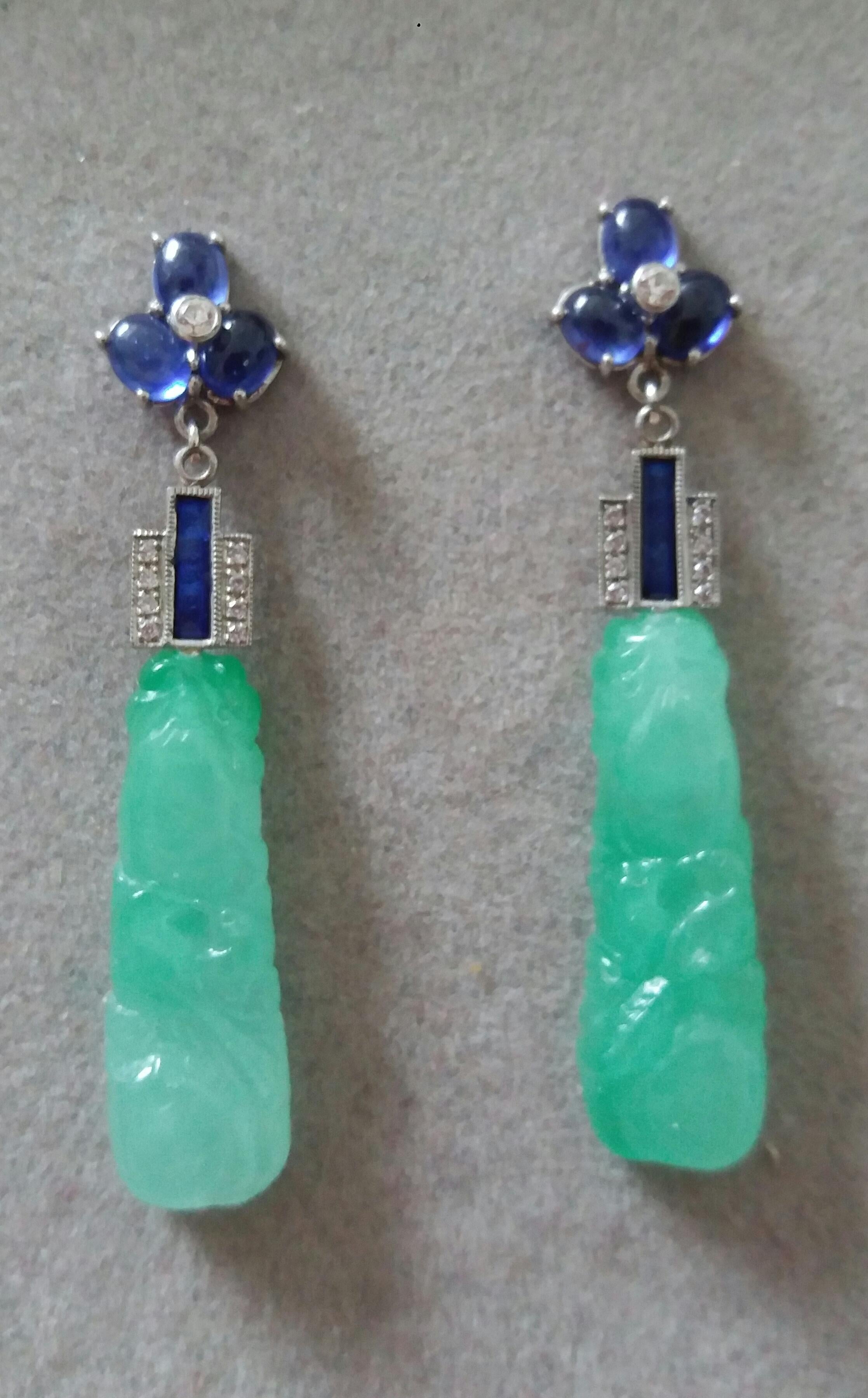Oval Cut Art Deco Style Jade Blue Sapphires Gold Blue Enamel Diamonds Dangle Earrings For Sale