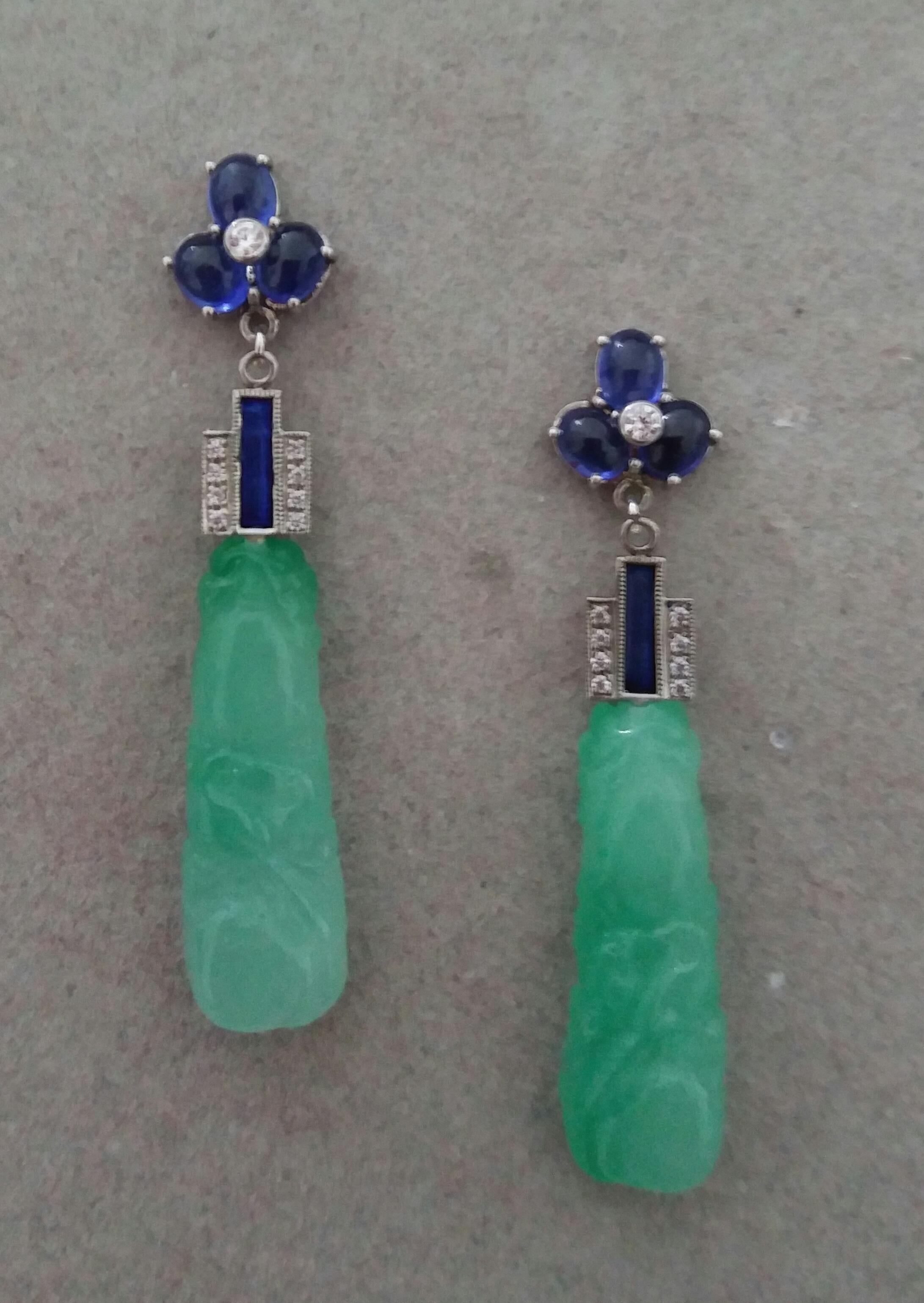 Art Deco Style Jade Blue Sapphires Gold Blue Enamel Diamonds Dangle Earrings In Good Condition For Sale In Bangkok, TH
