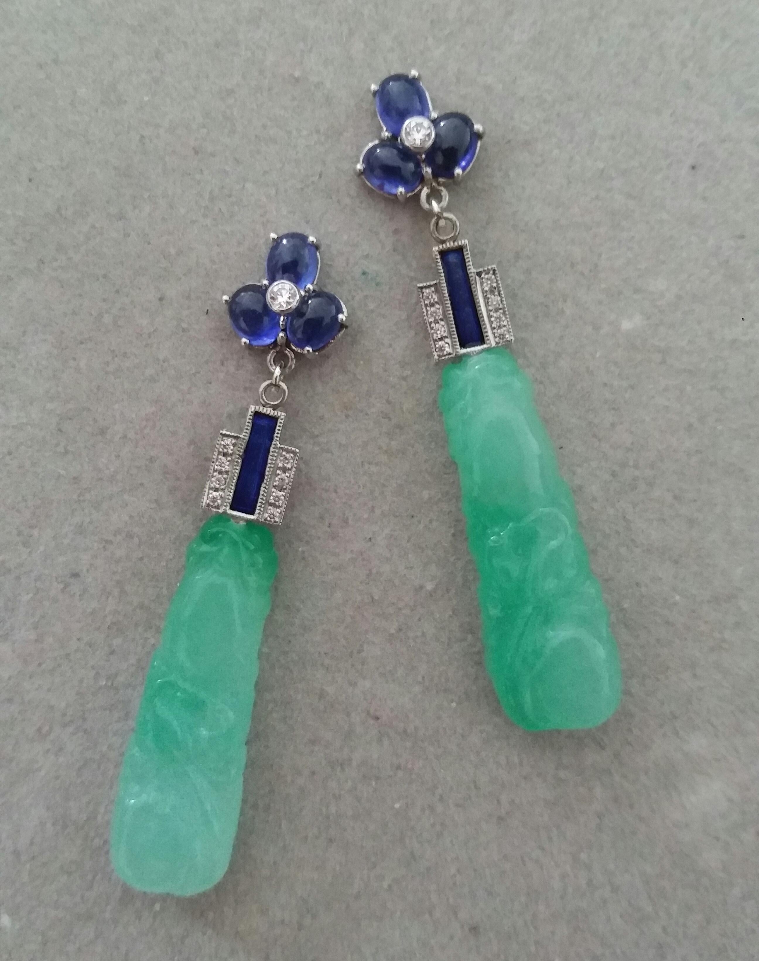 Women's Art Deco Style Jade Blue Sapphires Gold Blue Enamel Diamonds Dangle Earrings For Sale