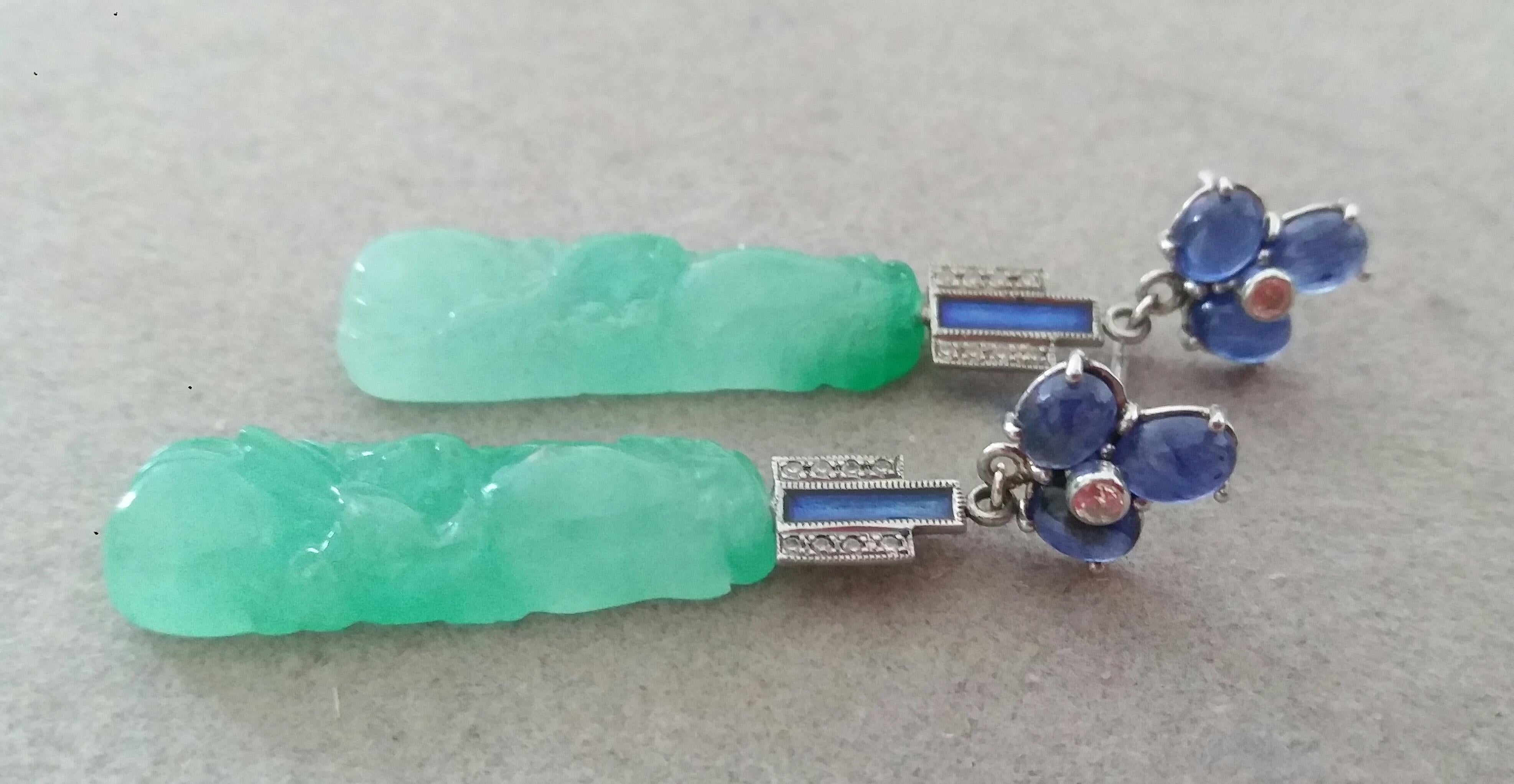 Art Deco Style Jade Blue Sapphires Gold Blue Enamel Diamonds Dangle Earrings For Sale 1
