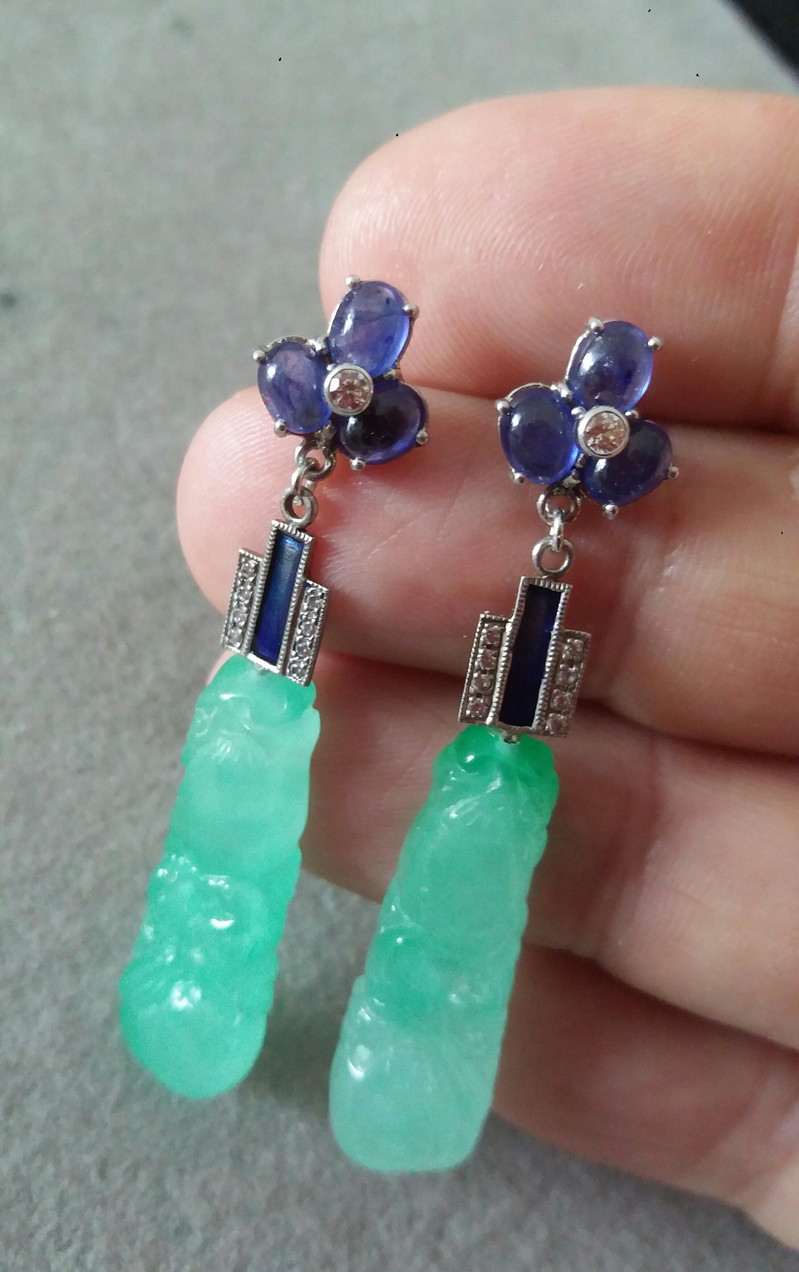 Art Deco Style Jade Blue Sapphires Gold Blue Enamel Diamonds Dangle Earrings For Sale 2