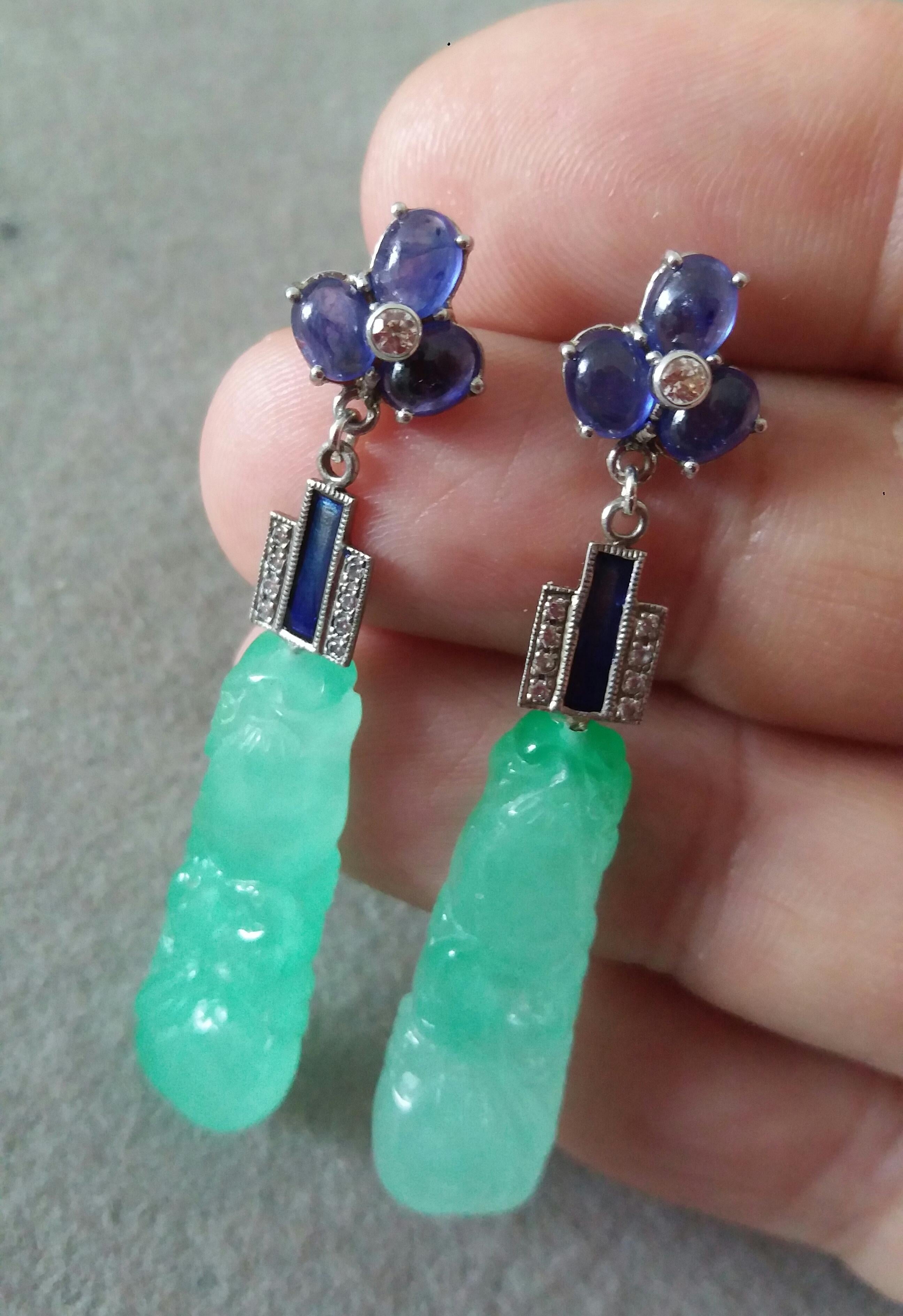 Art Deco Style Jade Blue Sapphires Gold Blue Enamel Diamonds Dangle Earrings For Sale 3