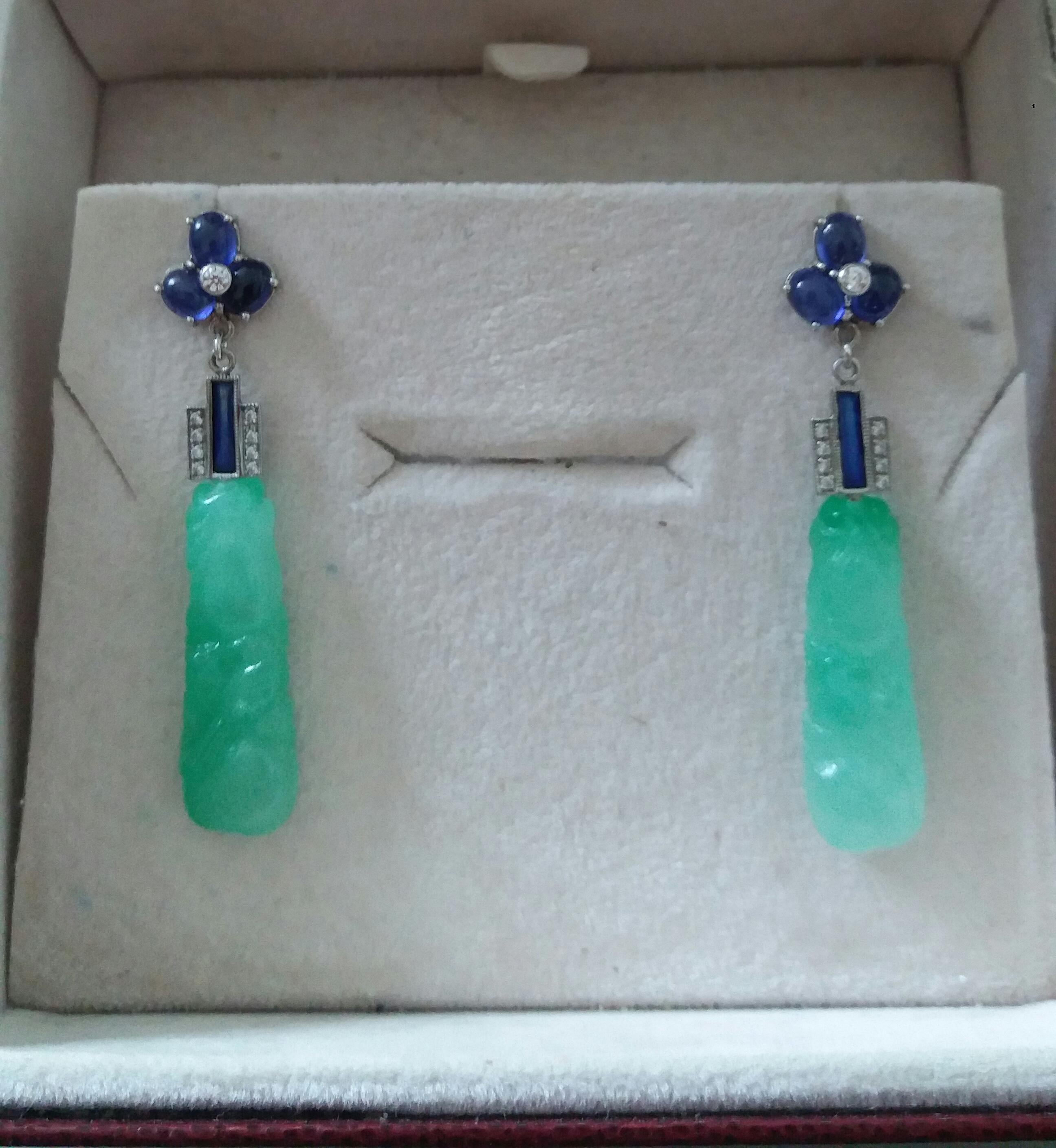 Art Deco Style Jade Blue Sapphires Gold Blue Enamel Diamonds Dangle Earrings For Sale 4