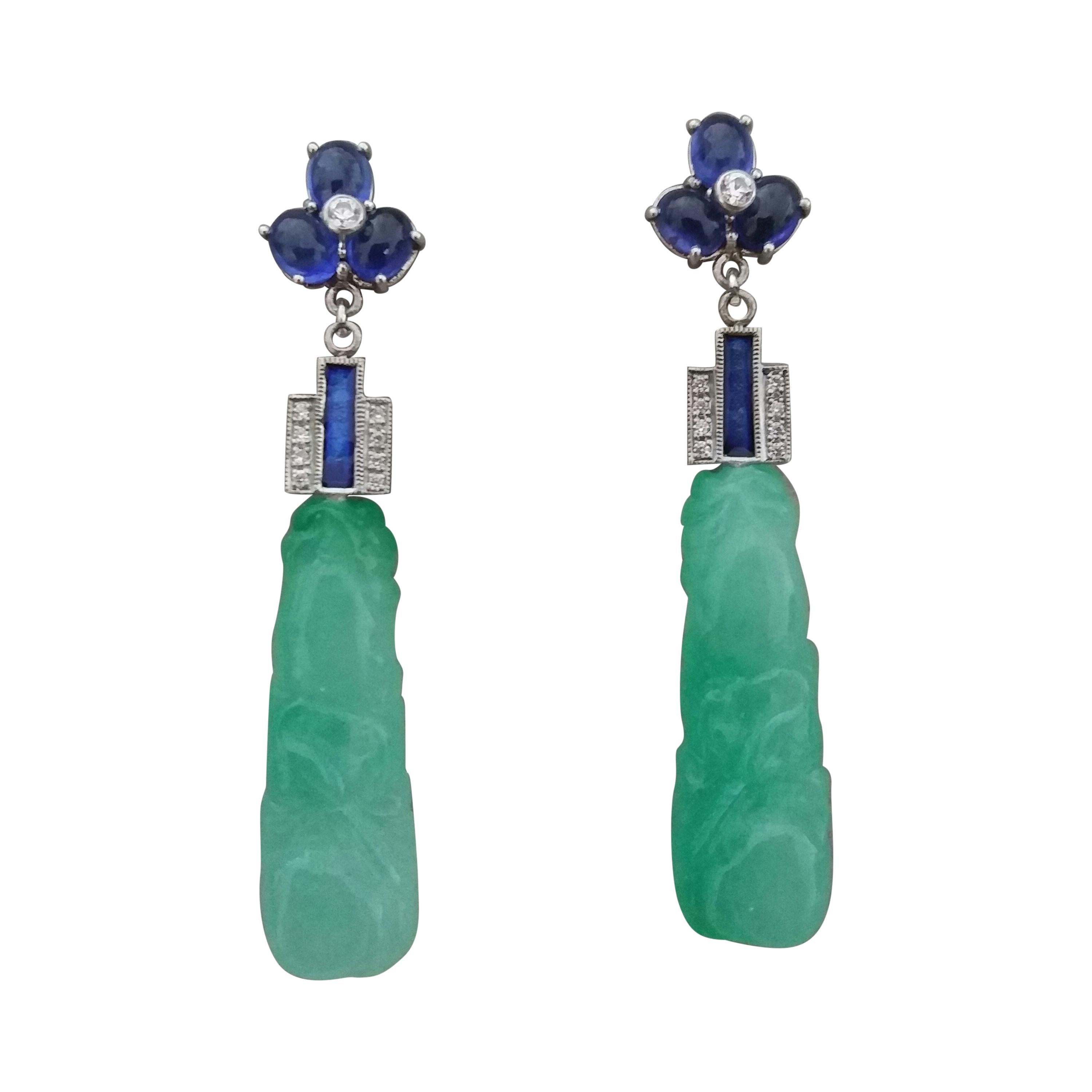 Art Deco Style Jade Blue Sapphires Gold Blue Enamel Diamonds Dangle Earrings