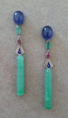 Art Deco Style Jade Blue Sapphires Rubies Emeralds Gold Enamel Diamonds Earrings