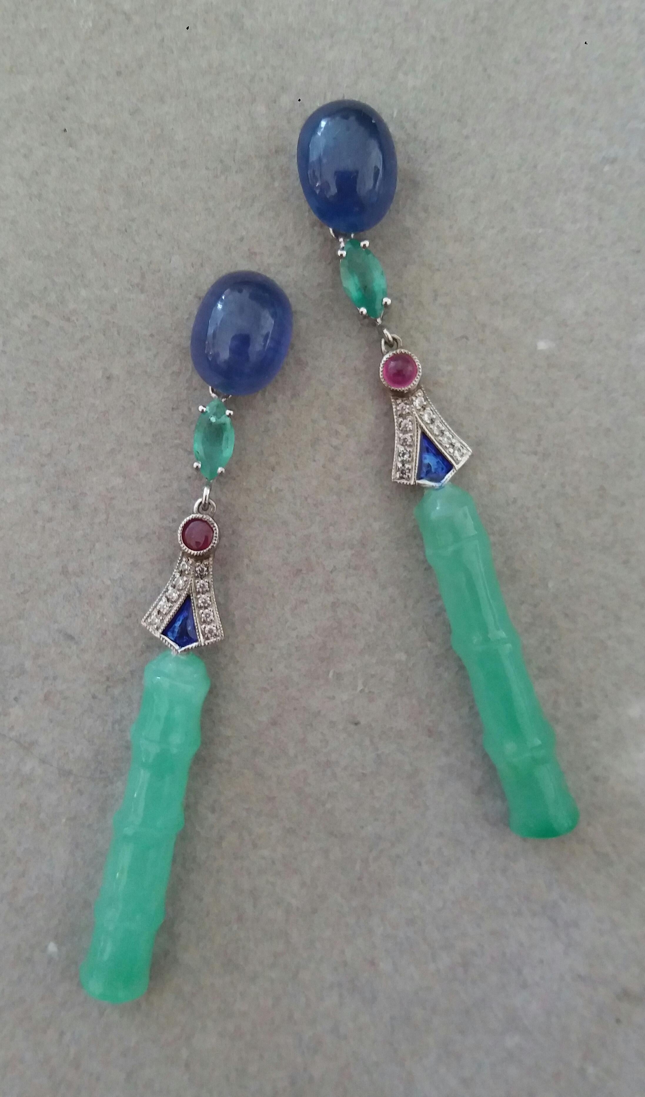 Mixed Cut Art Deco Style Jade Blue Sapphires Rubies Emeralds Gold Enamel Diamonds Earrings For Sale