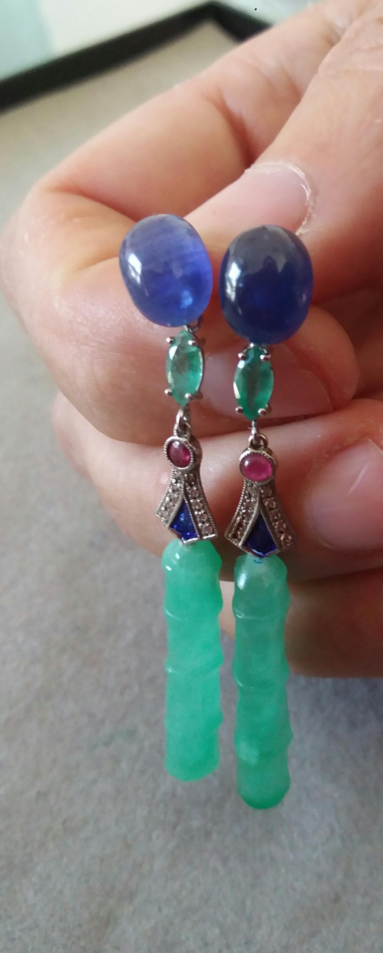Women's Art Deco Style Jade Blue Sapphires Rubies Emeralds Gold Enamel Diamonds Earrings For Sale