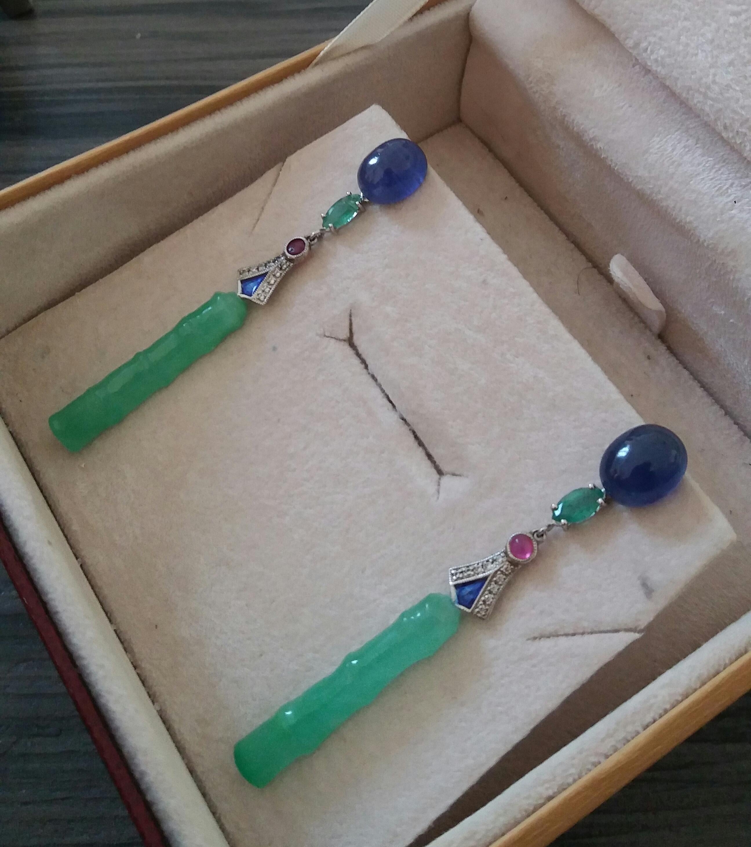 Art Deco Style Jade Blue Sapphires Rubies Emeralds Gold Enamel Diamonds Earrings For Sale 2