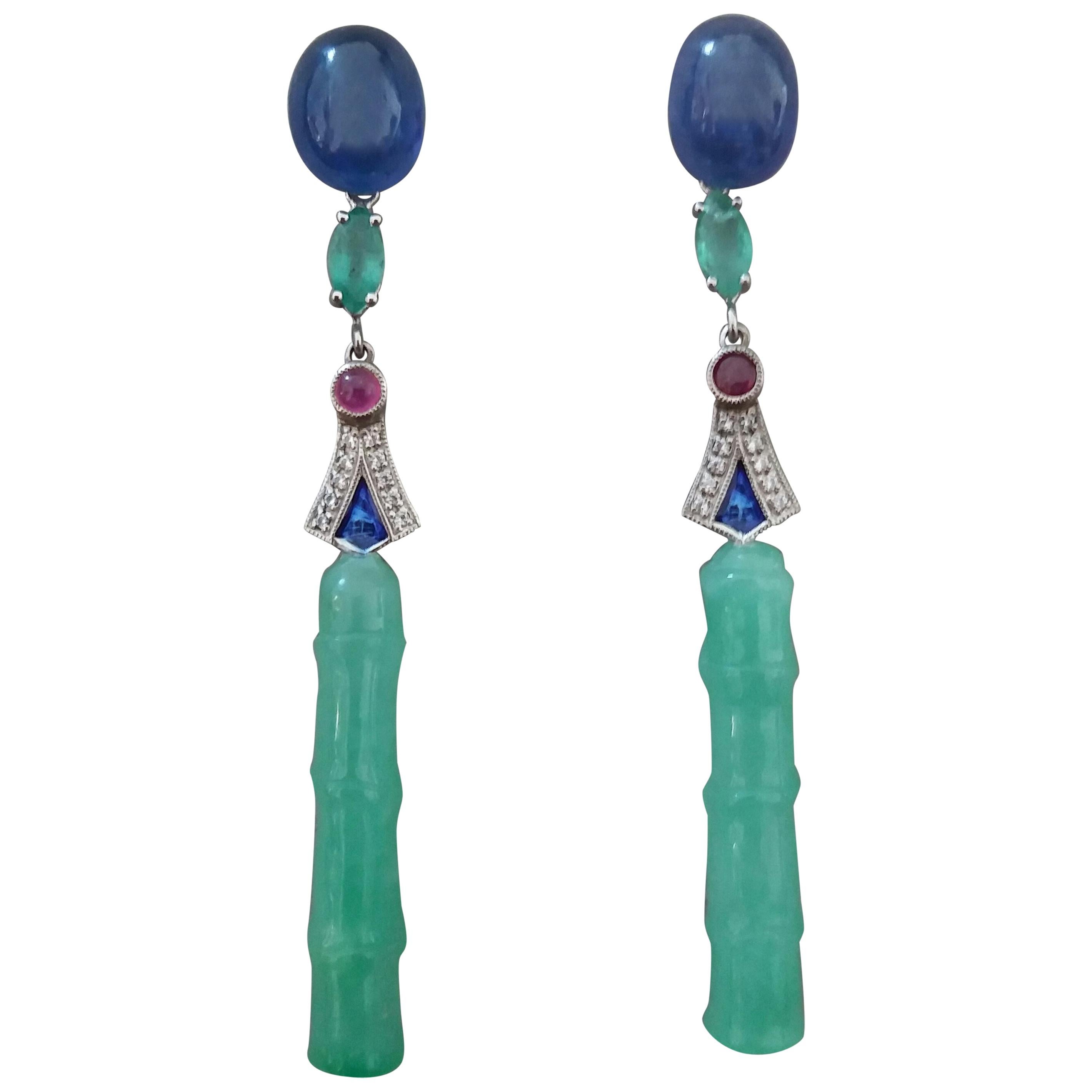 Art Deco Style Jade Blue Sapphires Rubies Emeralds Gold Enamel Diamonds Earrings For Sale