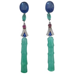 Art Deco Style Jade Blue Sapphires Rubies Emeralds Gold Enamel Diamonds Earrings