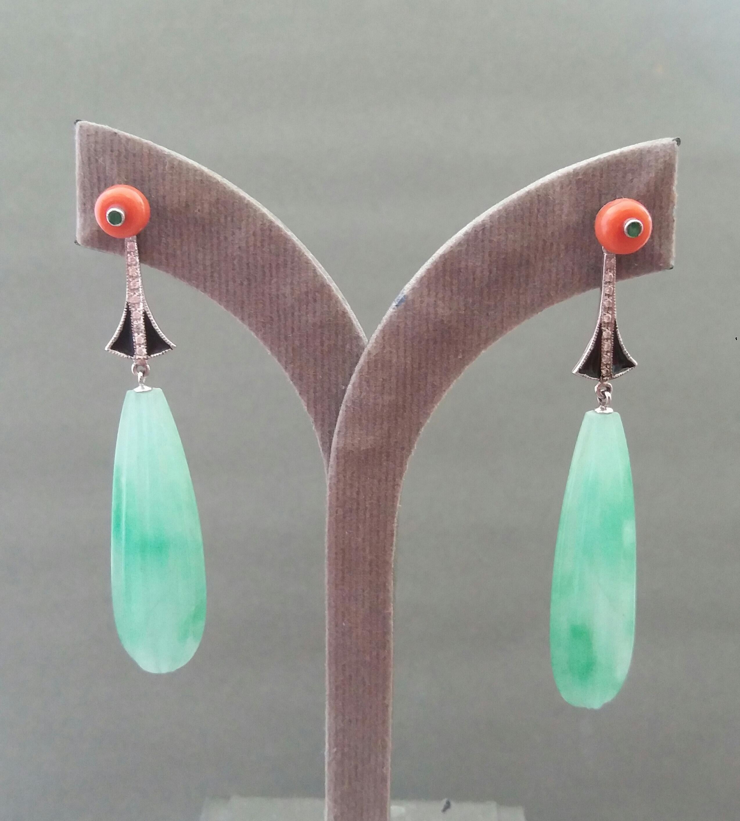 Women's Art Deco Style Jade Coral Emeralds Black Enamel Gold Diamonds Drops Earrings For Sale