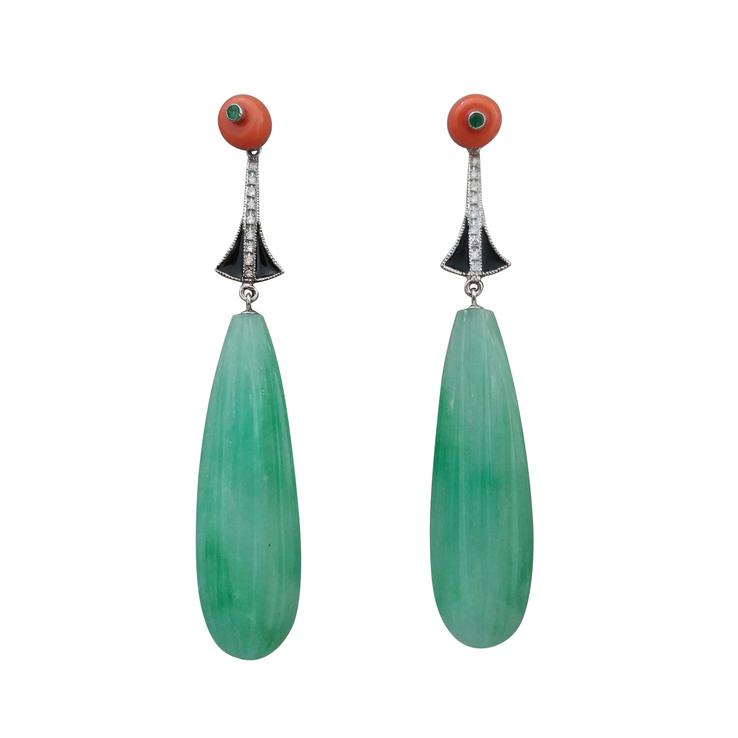 Art Deco Style Jade Coral Emeralds Black Enamel Gold Diamonds Drops Earrings