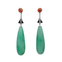 Art Deco Style Jade Coral Emeralds Black Enamel Gold Diamonds Drops Earrings