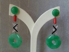 Art Deco Style Jade Donuts 14K White Gold Diamonds Black Enamel Dangle Earrings