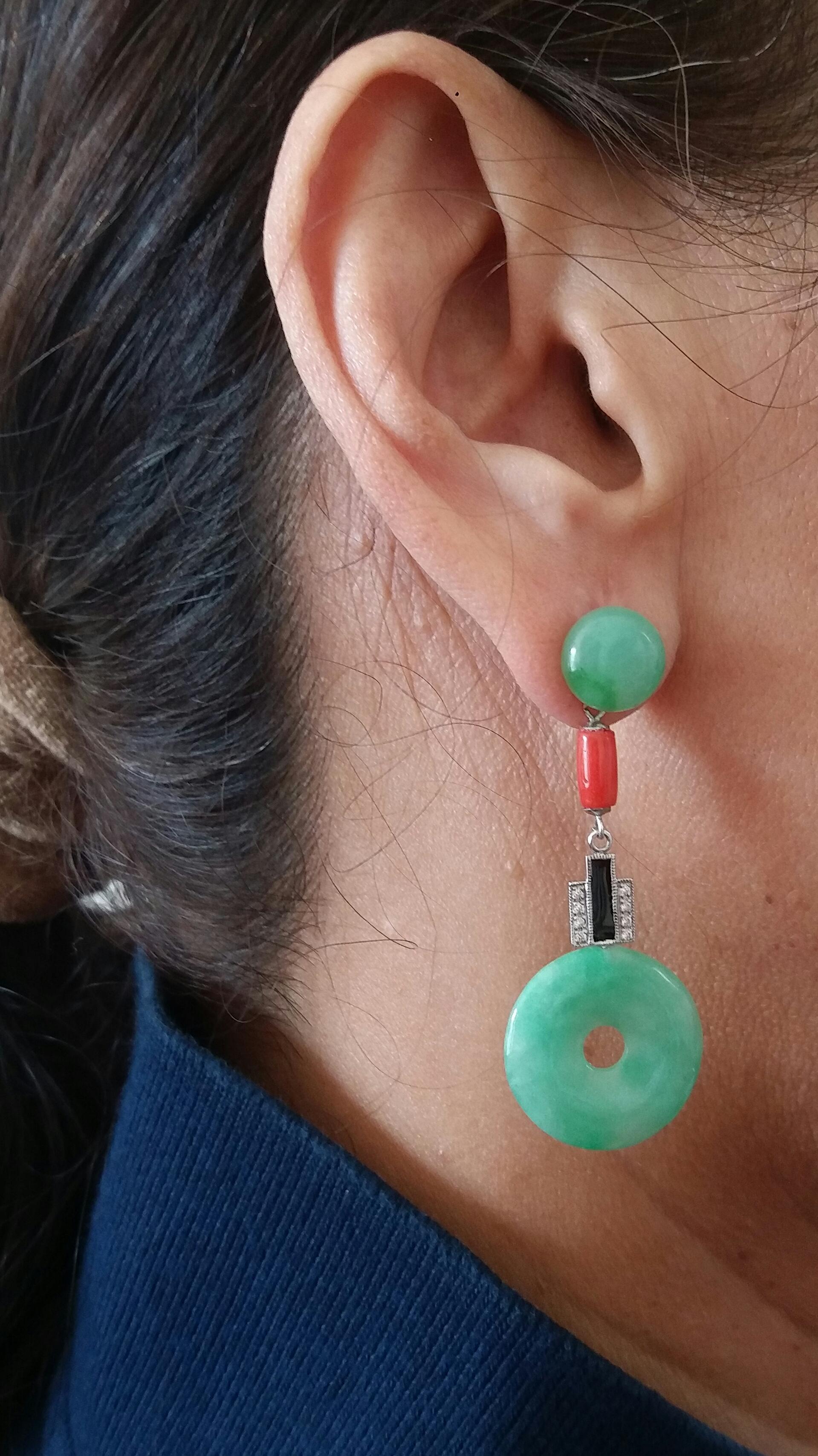 2 round jade buttons are the top, the central part is in white gold , mediterranean coral , diamonds and black enamel, at the bottom we have 2 Jade Donuts
In 1978 our workshop started in Italy to make simple-chic Art Deco style jewellery, completely