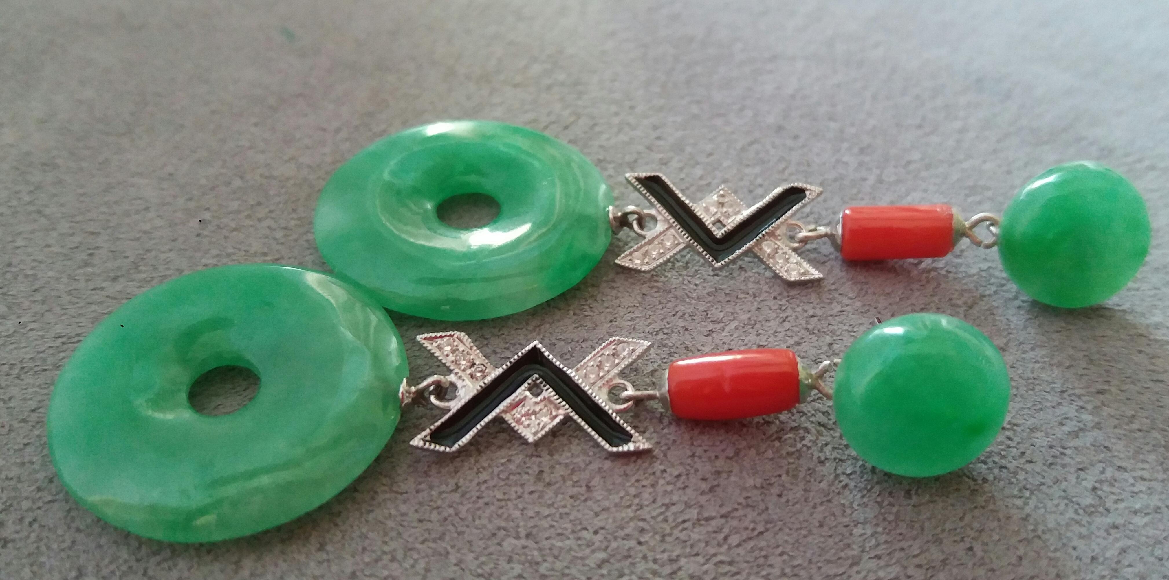 Pendientes Colgantes Estilo Art Decó Donuts de Jade Oro Blanco 14K Diamantes Esmalte Negro Corte mixto en venta