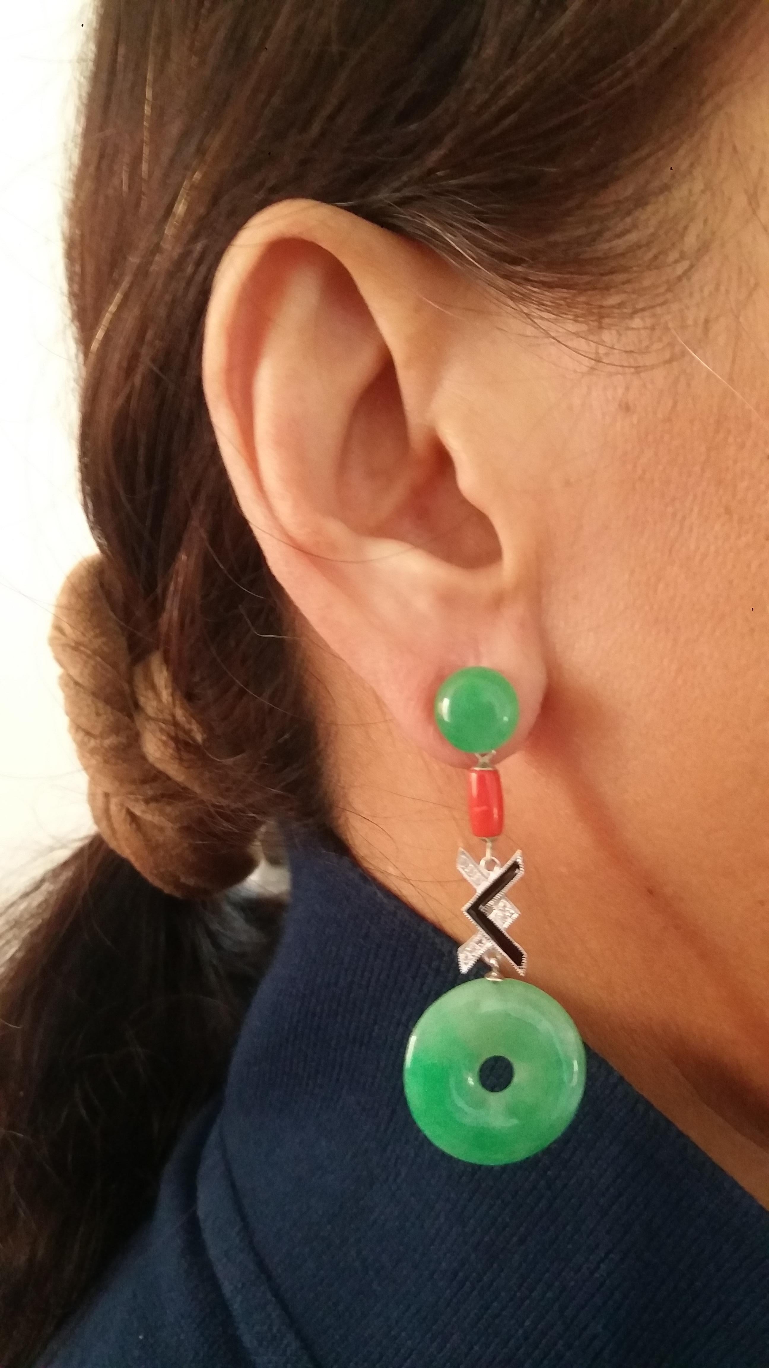 De las mujeres Pendientes Colgantes Estilo Art Decó Donuts de Jade Oro Blanco 14K Diamantes Esmalte Negro en venta