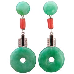 Art Deco Style Jade Donuts 14K Gold Diamonds Black Enamel Dangle Earrings