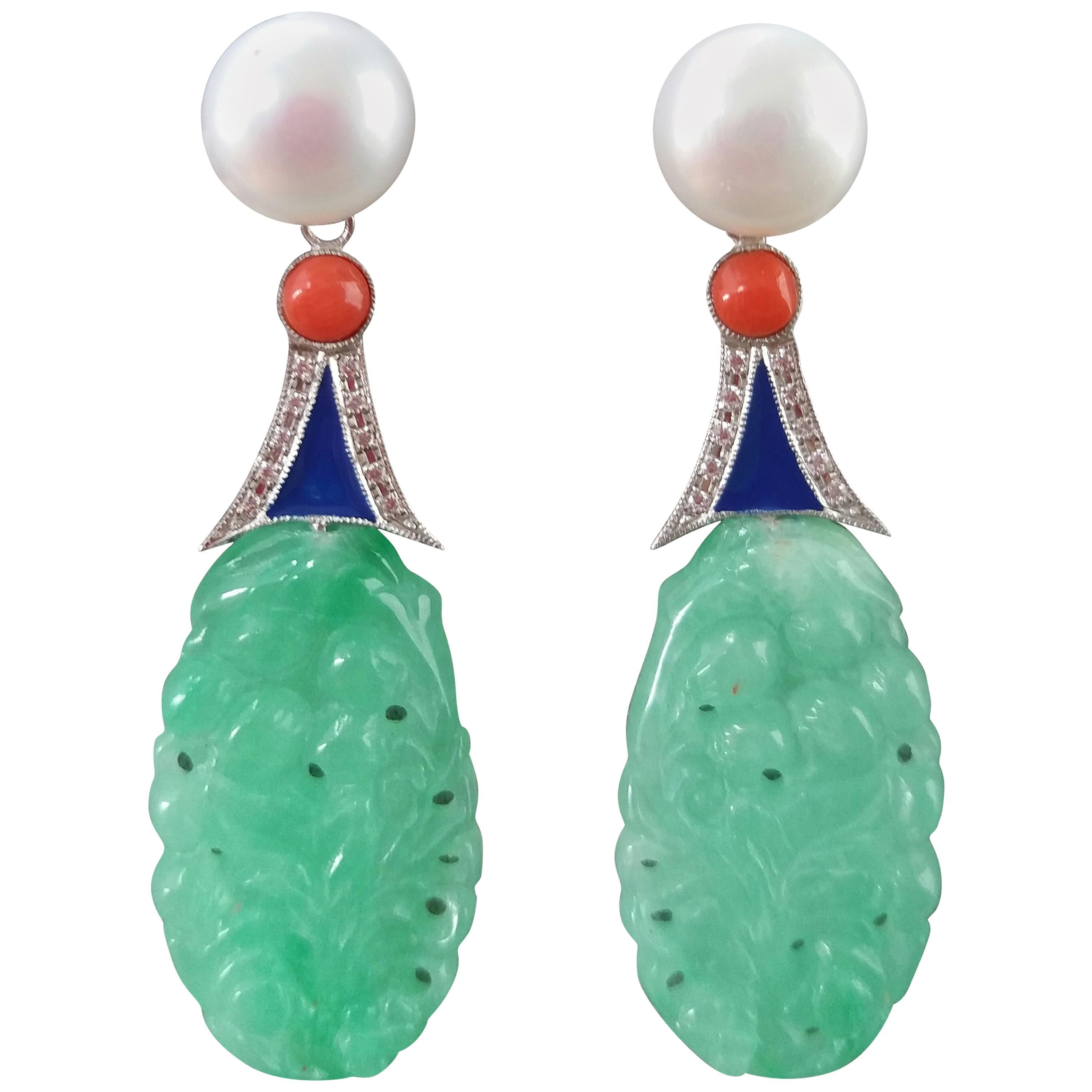 Art Deco Style Engraved Jade Pearl 14K Gold Diamonds Blue Enamel Dangle Earrings