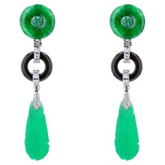 Art Deco Style Jade Diamond Green Agate Dangle Earrings