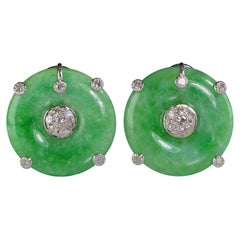 Art Deco Style Jade Diamond Screw Back Gold Earrings