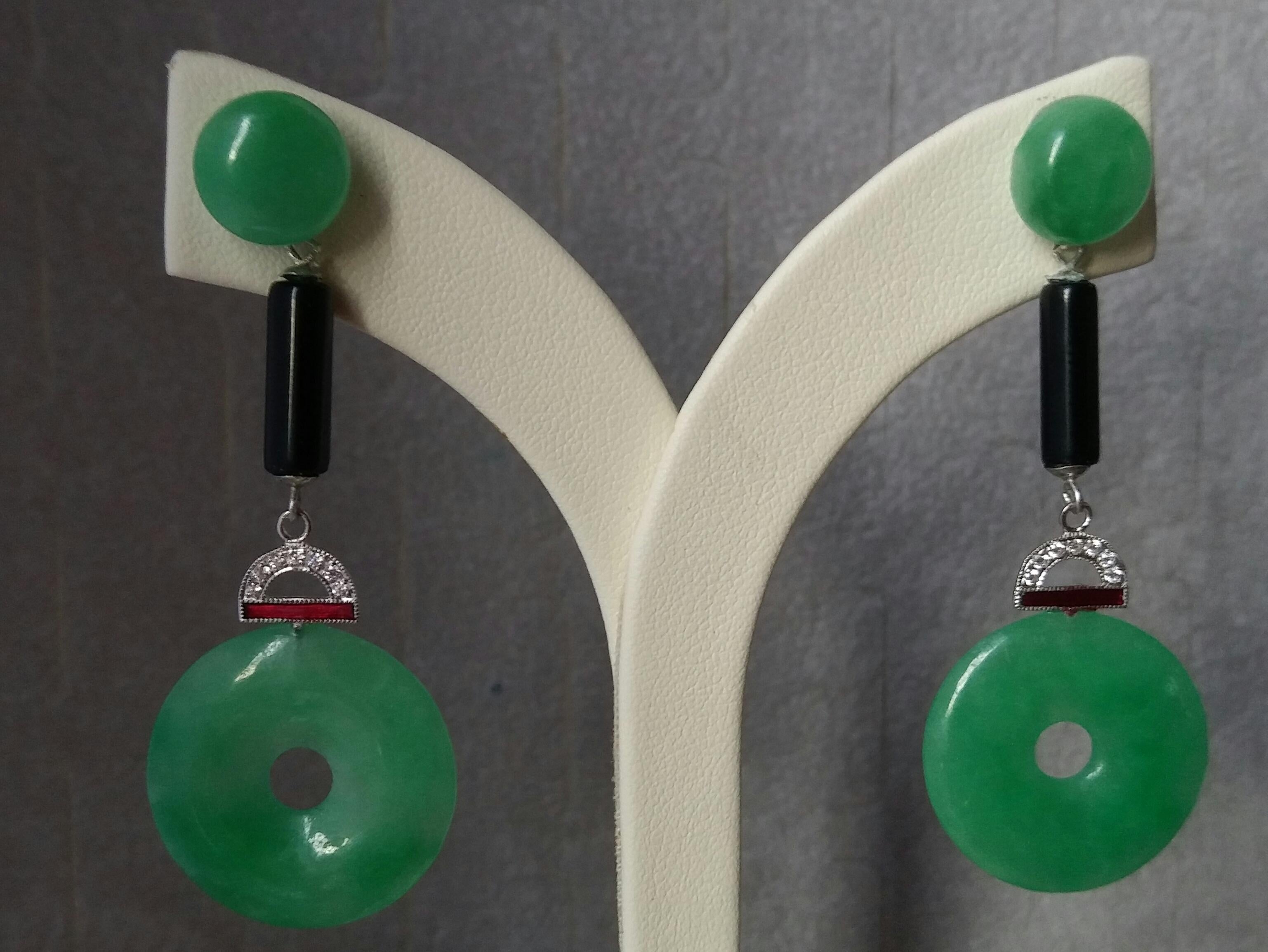 Mixed Cut Art Deco Style Jade Discs Gold Diamonds Red Enamel Black Onyx Dangle Earrings For Sale