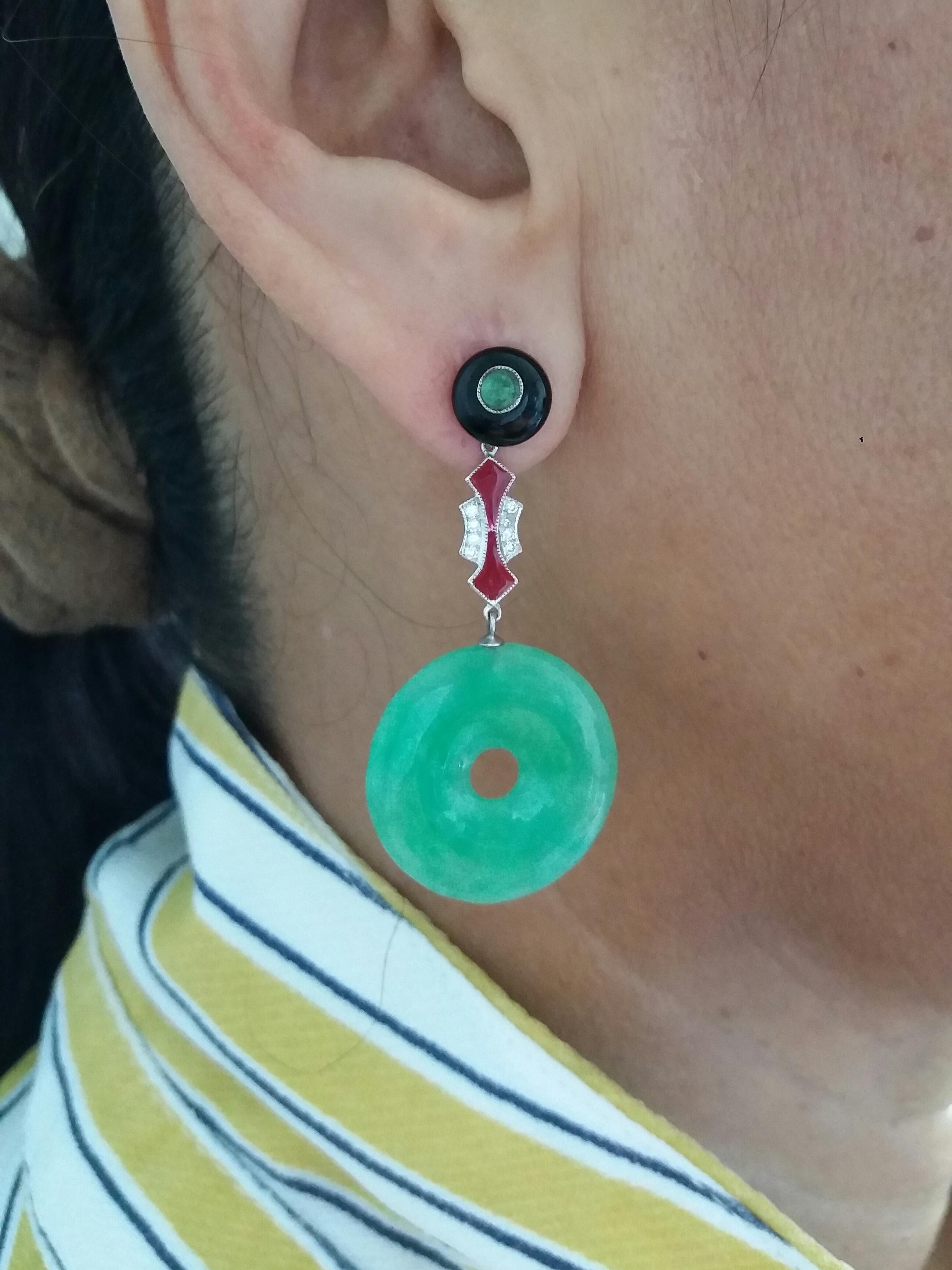 Art Deco Style Jade Donuts Black Onyx Rubies Gold Diamonds Red Enamel Earrings For Sale 1