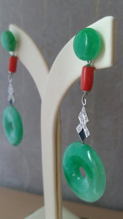 Art Deco Style Jade Donuts 14K White Gold Diamonds Black Enamel Dangle Earrings