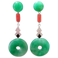 Vintage Art Deco Style Jade Donuts Coral Gold Diamonds Black Enamel Dangle Earrings