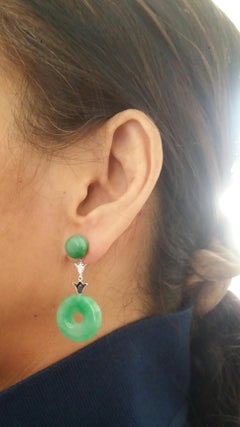 Art Deco Style Jade Donuts 14K White Gold Diamonds Black Enamel Dangle Earrings