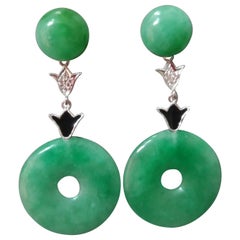 Art Deco Style Jade Donuts 14K White Gold Diamonds Black Enamel Dangle Earrings