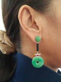 Art Deco Style Jade Donuts Gold Diamonds Black Onix Red Enamel Dangle Earrings