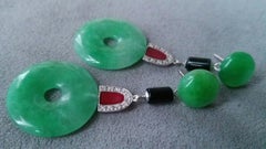 Art Deco Style Jade Donuts Gold Diamonds Black Onyx Red Enamel Dangle Earrings