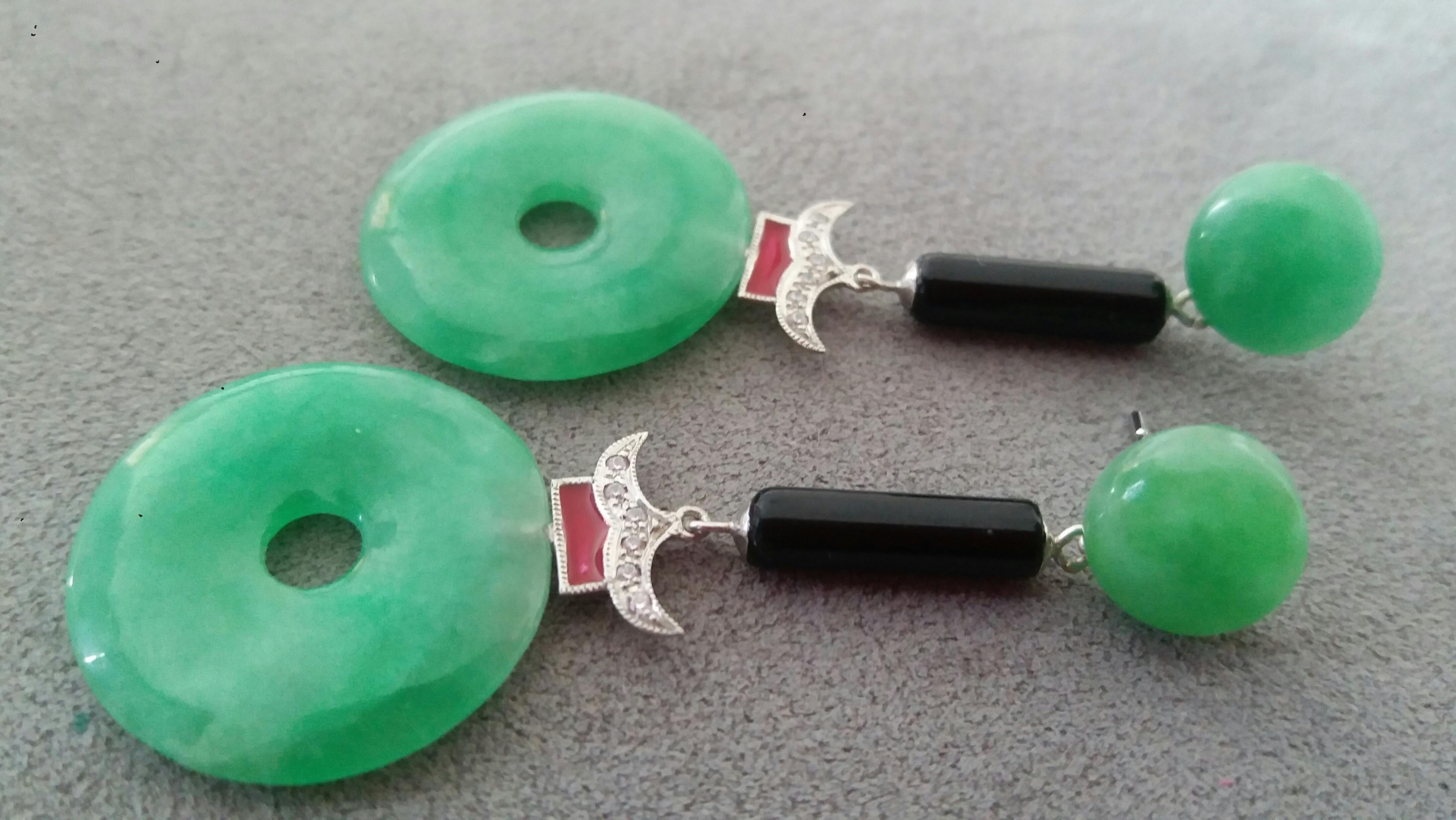 Mixed Cut Art Deco Style Jade Donuts Gold Diamonds Black Onix Red Enamel Dangle Earrings For Sale