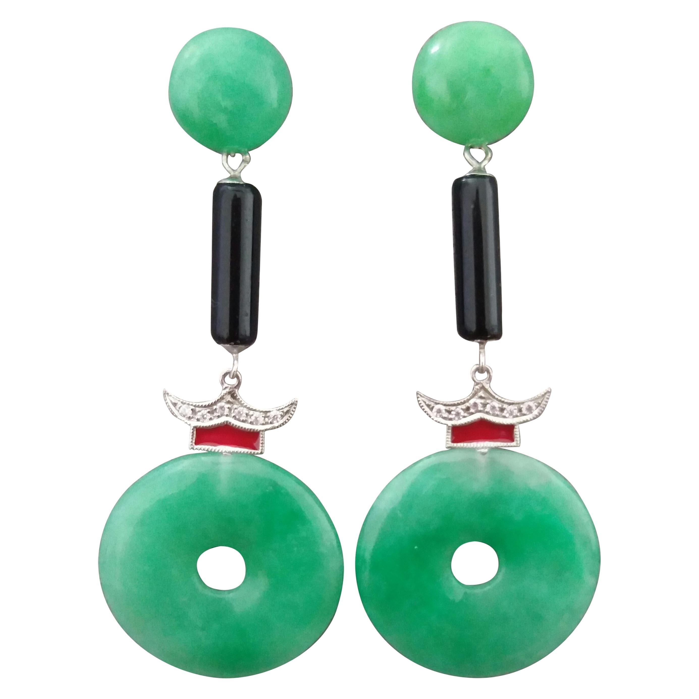 Art Deco Style Jade Donuts Gold Diamonds Black Onix Red Enamel Dangle Earrings