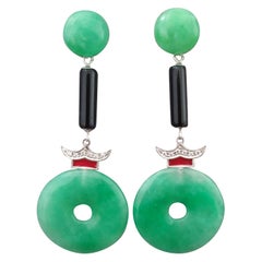 Art Deco Style Jade Donuts Gold Diamonds Black Onix Red Enamel Dangle Earrings