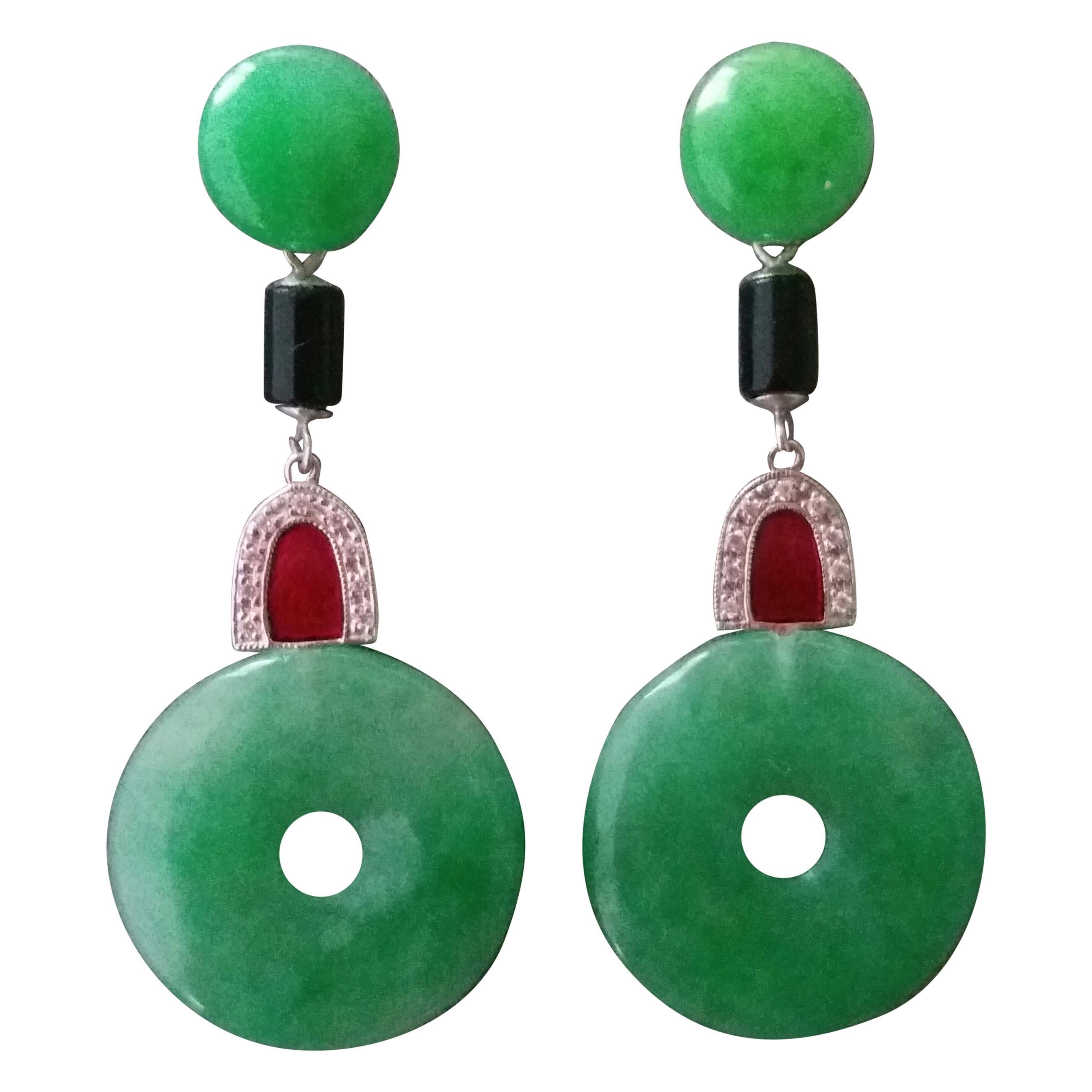 Art Deco Style Jade Donuts Gold Diamonds Black Onyx Red Enamel Dangle Earrings