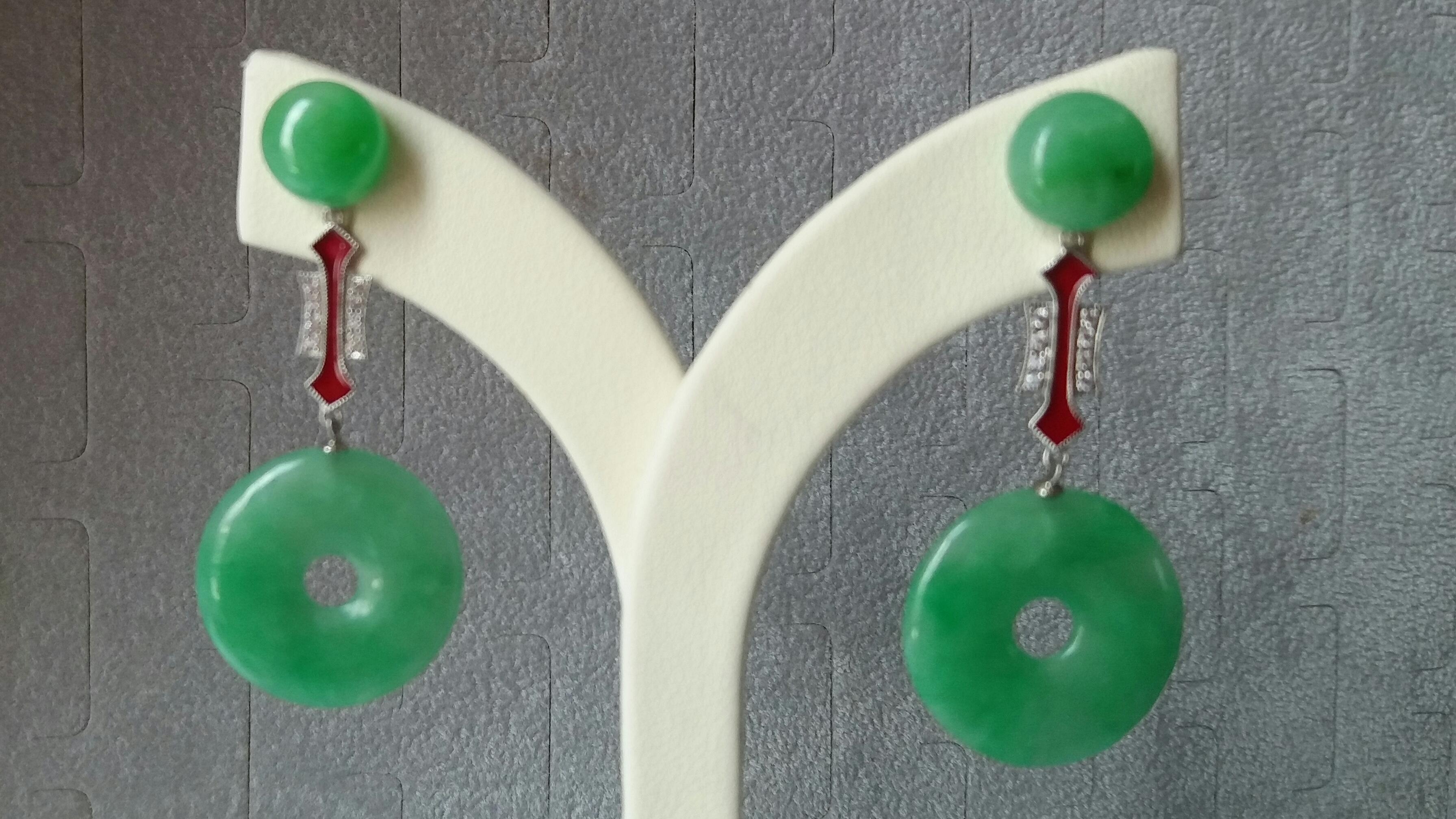 Art Deco Style Jade Donuts 14K White Gold Diamonds Red Enamel Dangle Earrings In Good Condition For Sale In Bangkok, TH