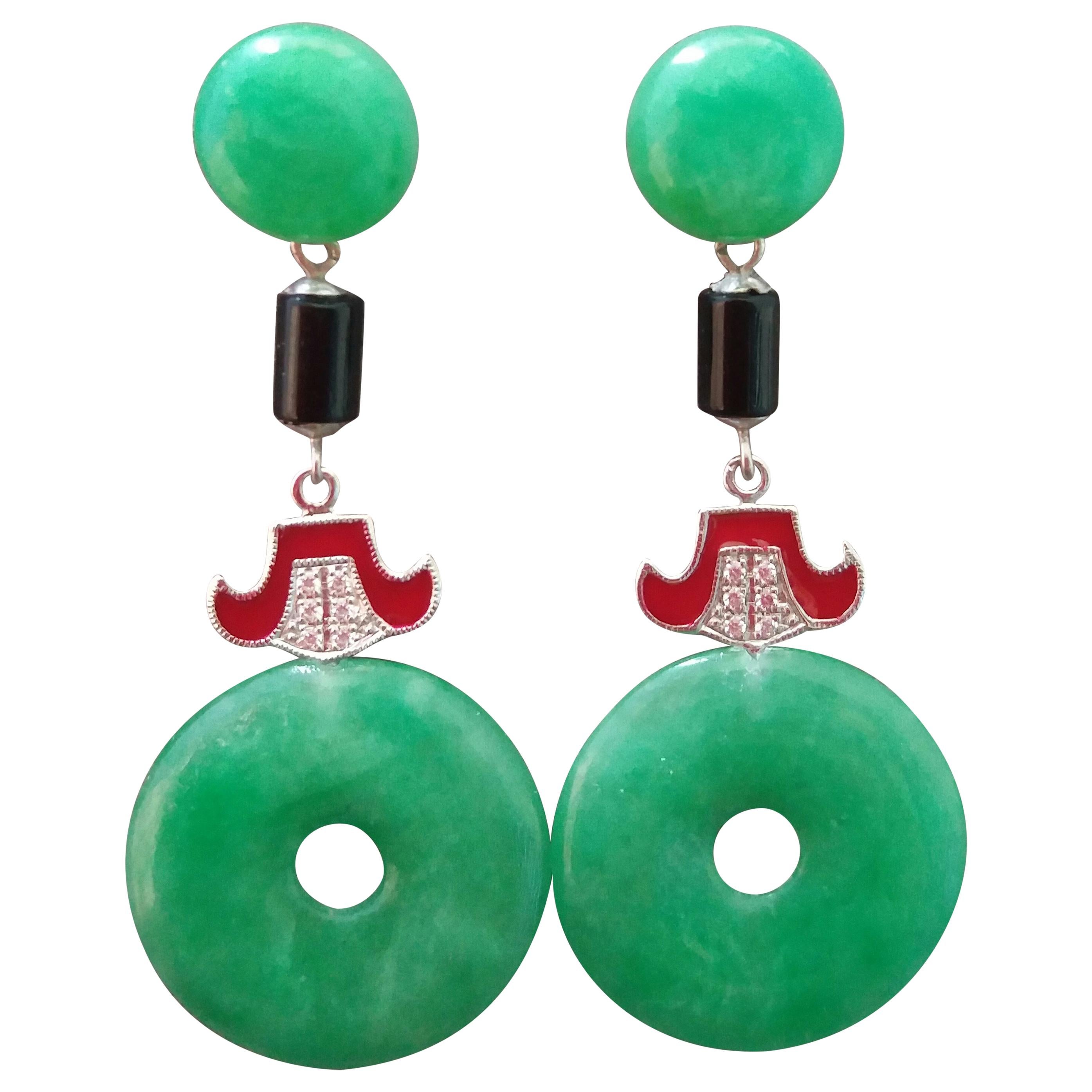Art Deco Style Jade Donuts 14K White Gold Diamonds Red Enamel Dangle Earrings For Sale