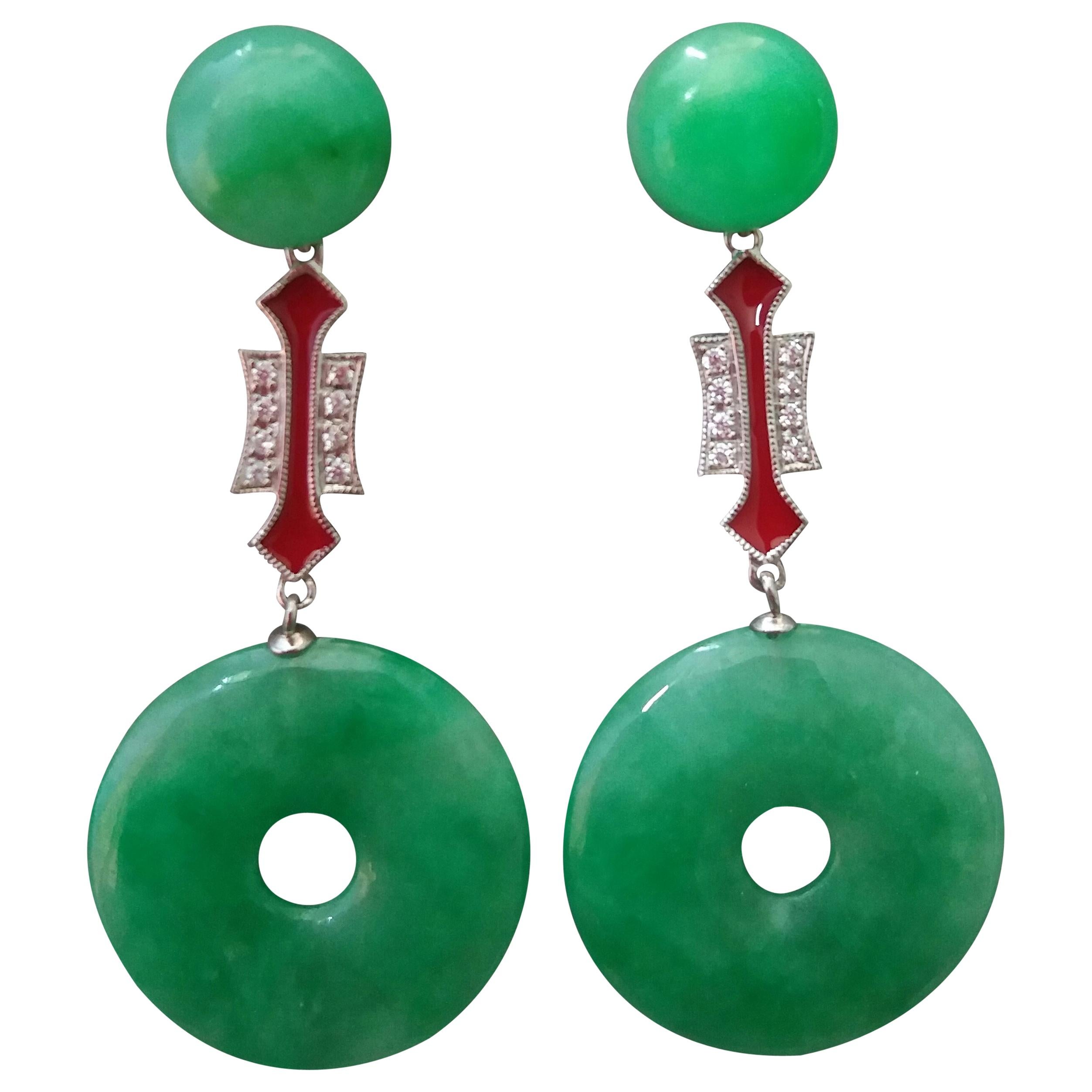 Art Deco Style Jade Donuts 14K White Gold Diamonds Red Enamel Dangle Earrings For Sale