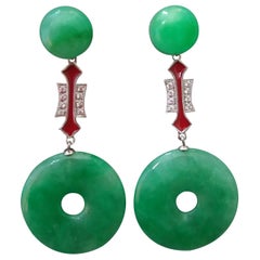 Retro Art Deco Style Jade Donuts 14K White Gold Diamonds Red Enamel Dangle Earrings