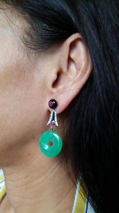Pendientes Esmalte Negro Onix Jade Donuts Oro Diamantes Rubí Estilo Art Déco