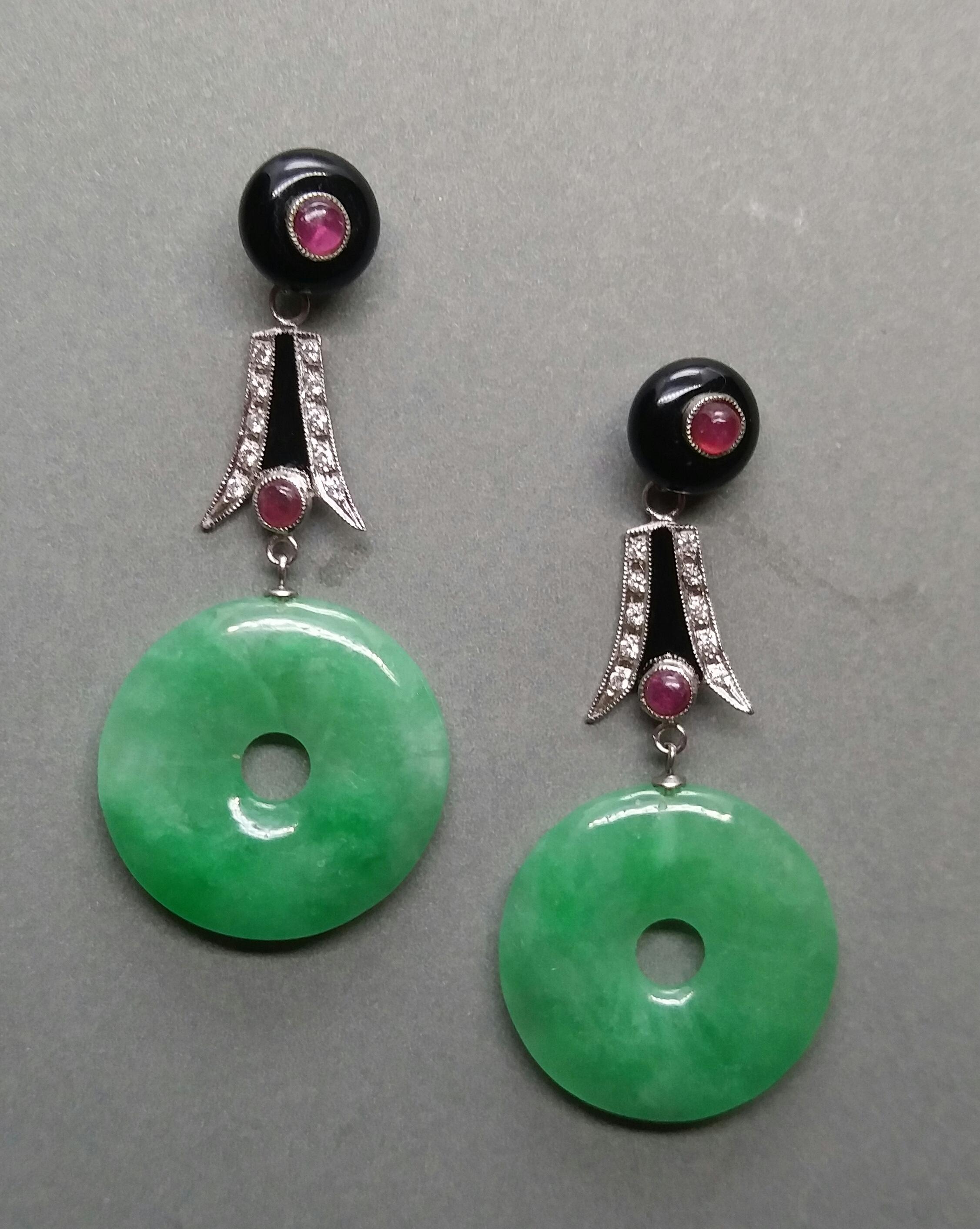 Art Deco Style Jade Donuts Gold Diamonds Ruby Black Onix Black Enamel Earrings In Excellent Condition In Bangkok, TH