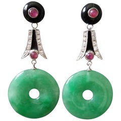 Art Deco Style Jade Donuts Gold Diamonds Ruby Black Onix Black Enamel Earrings