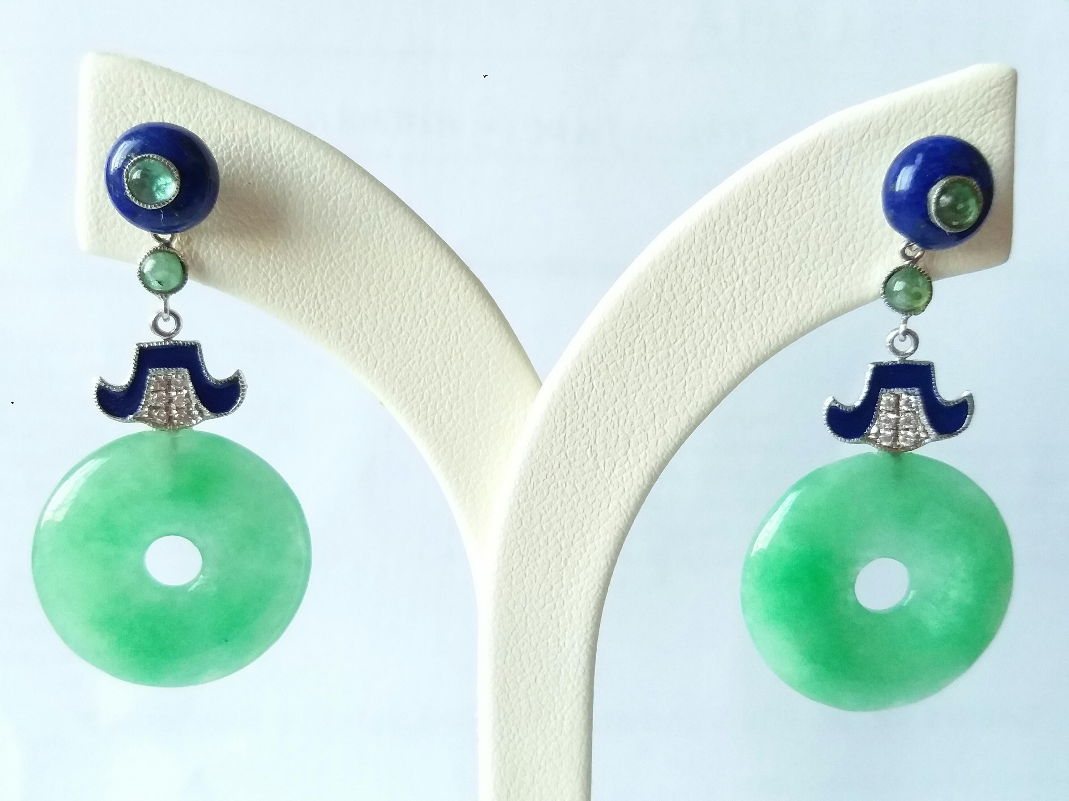 Emerald Cut Art Deco Style Jade Donuts Lapis Lazuli Emeralds Gold Diamonds Enamel Earrings For Sale