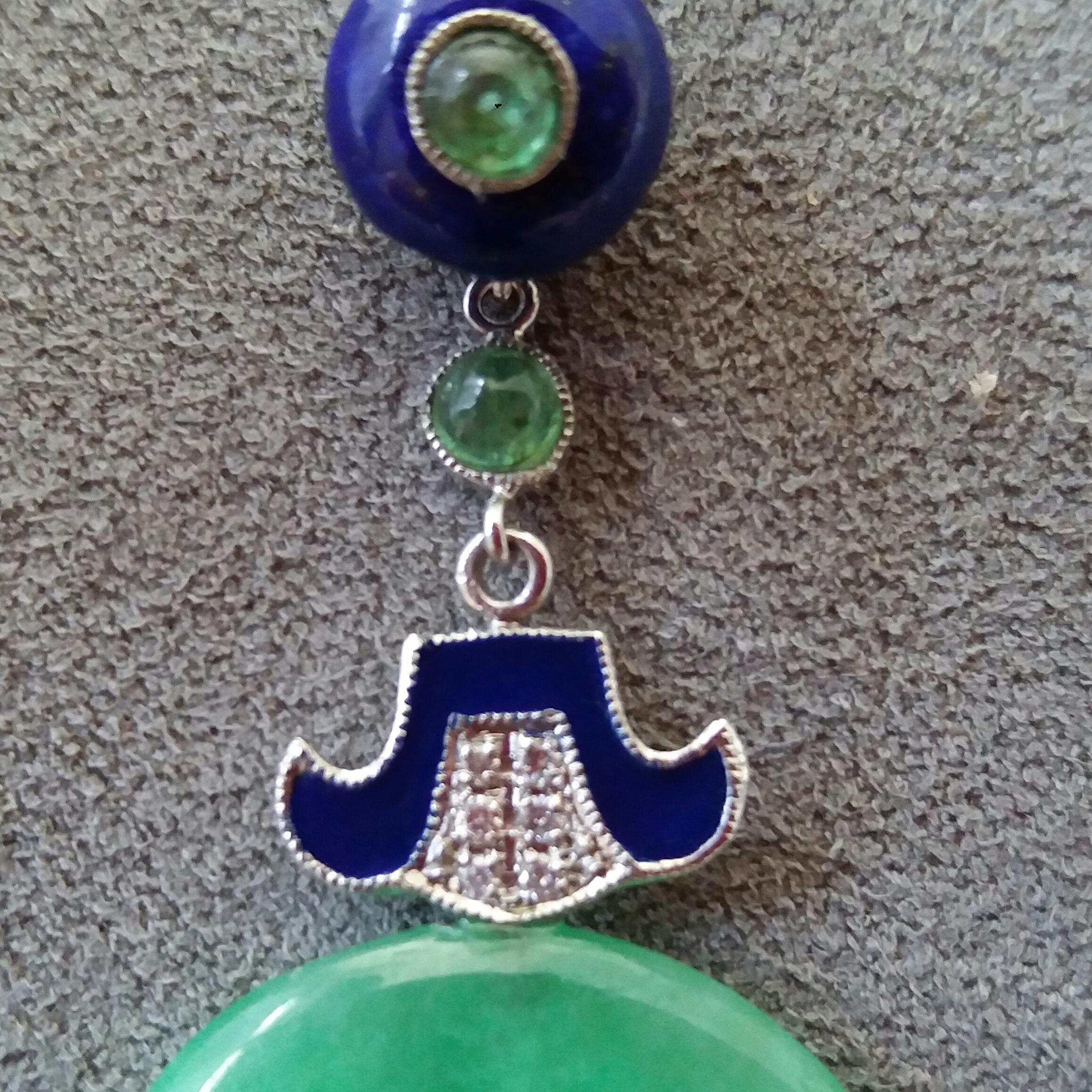 Women's Art Deco Style Jade Donuts Lapis Lazuli Emeralds Gold Diamonds Enamel Earrings For Sale