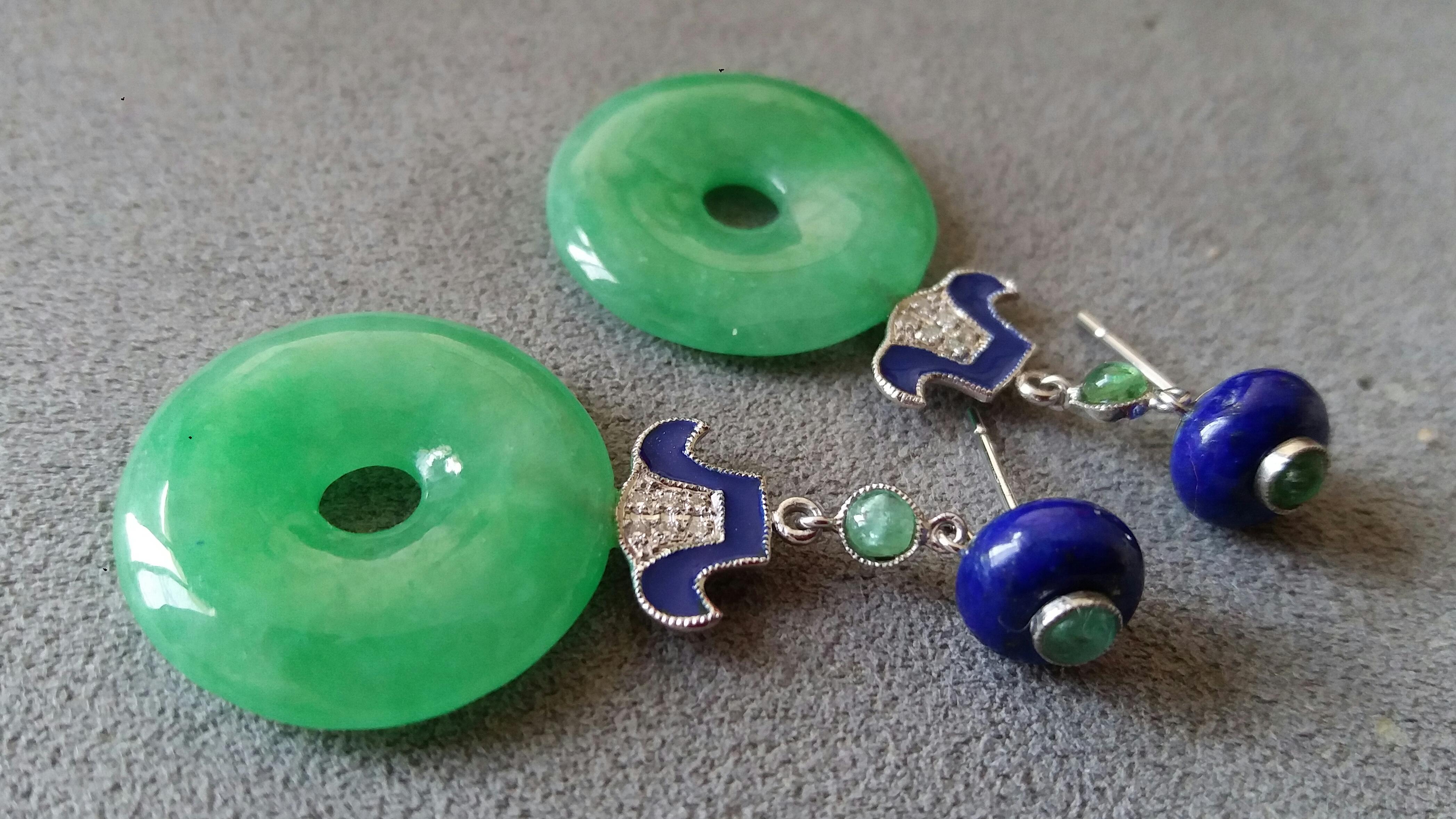 Art Deco Style Jade Donuts Lapis Lazuli Emeralds Gold Diamonds Enamel Earrings For Sale 1